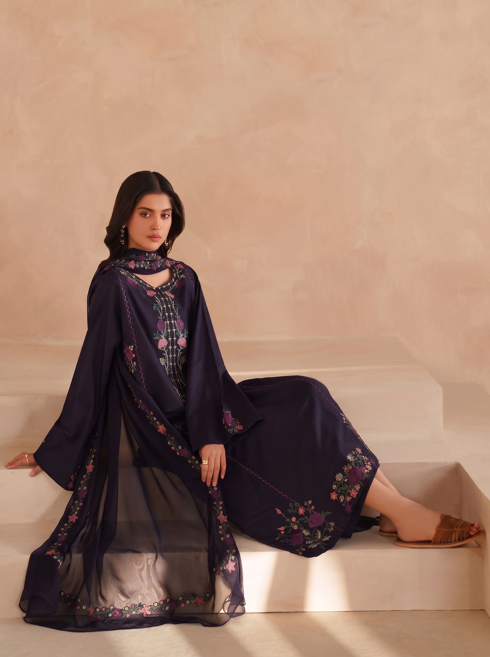 Velvet Grace Pure Dhanak 3-Piece Embroidered Dress with Pashmina Wool Shawl