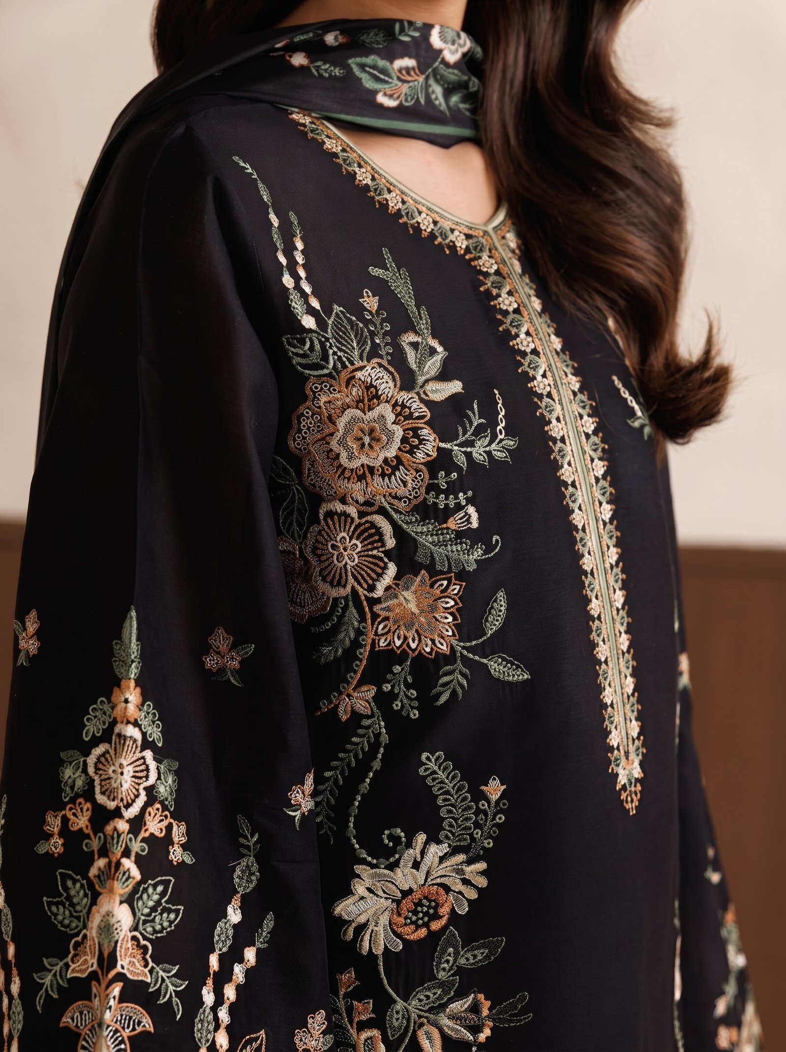 Midnight Bloom Pure Dhanak 3-Piece Embroidered Dress with Pashmina Wool Shawl Image 2