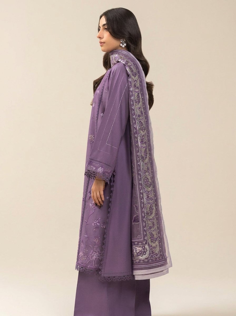 Lavender Ethnic Pure Dhanak 3-Piece Embroidered Dress with Pashmina Wool Shawl Image 2