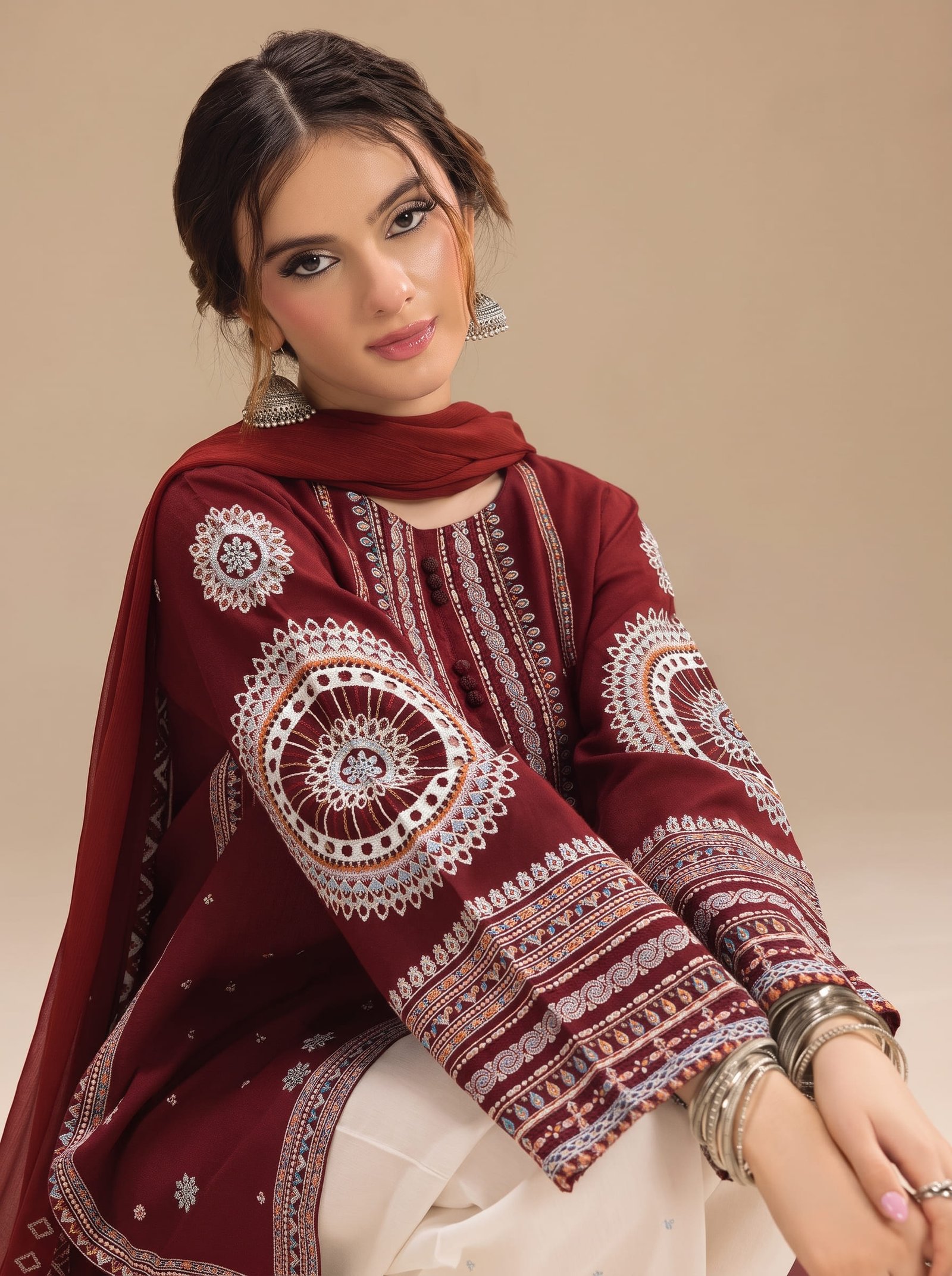 Roselle Burgundy Ethnic Pure Dhanak 3-Piece Embroidered Dress with Pashmina Wool Shawl