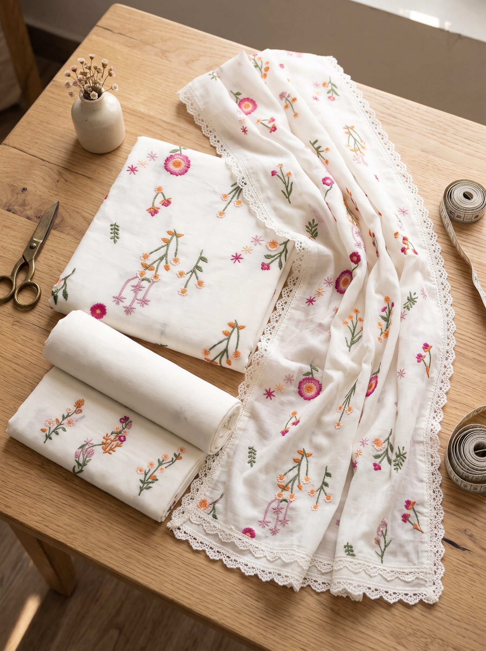 Pearl White Dhanak Embroidered 3 Piece Suit with Dhanak Shawl Image 2