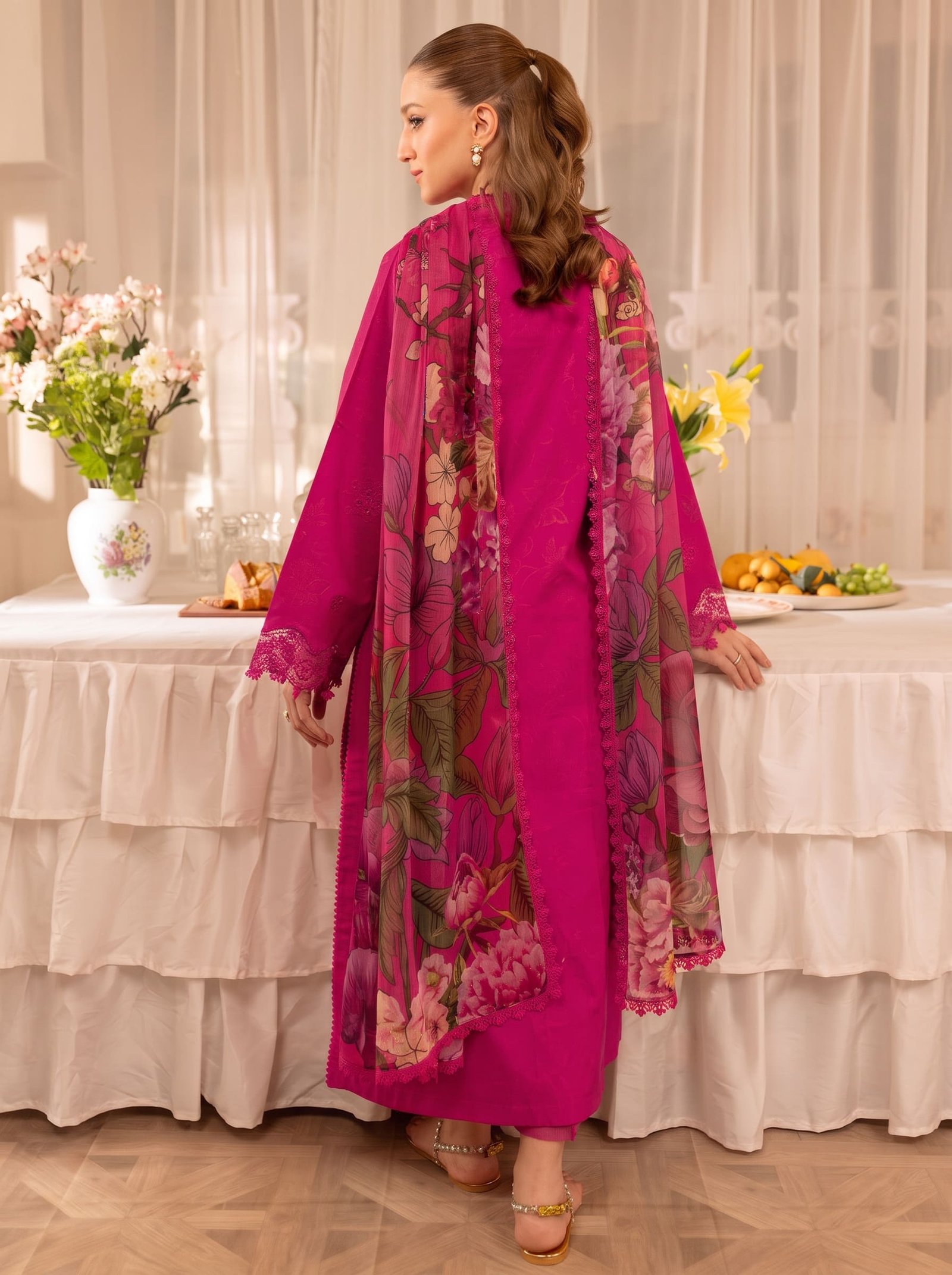 Fuchsia Allure Ethnic Pure Dhanak 3-Piece Embroidered Dress with Pashmina Wool Shawl