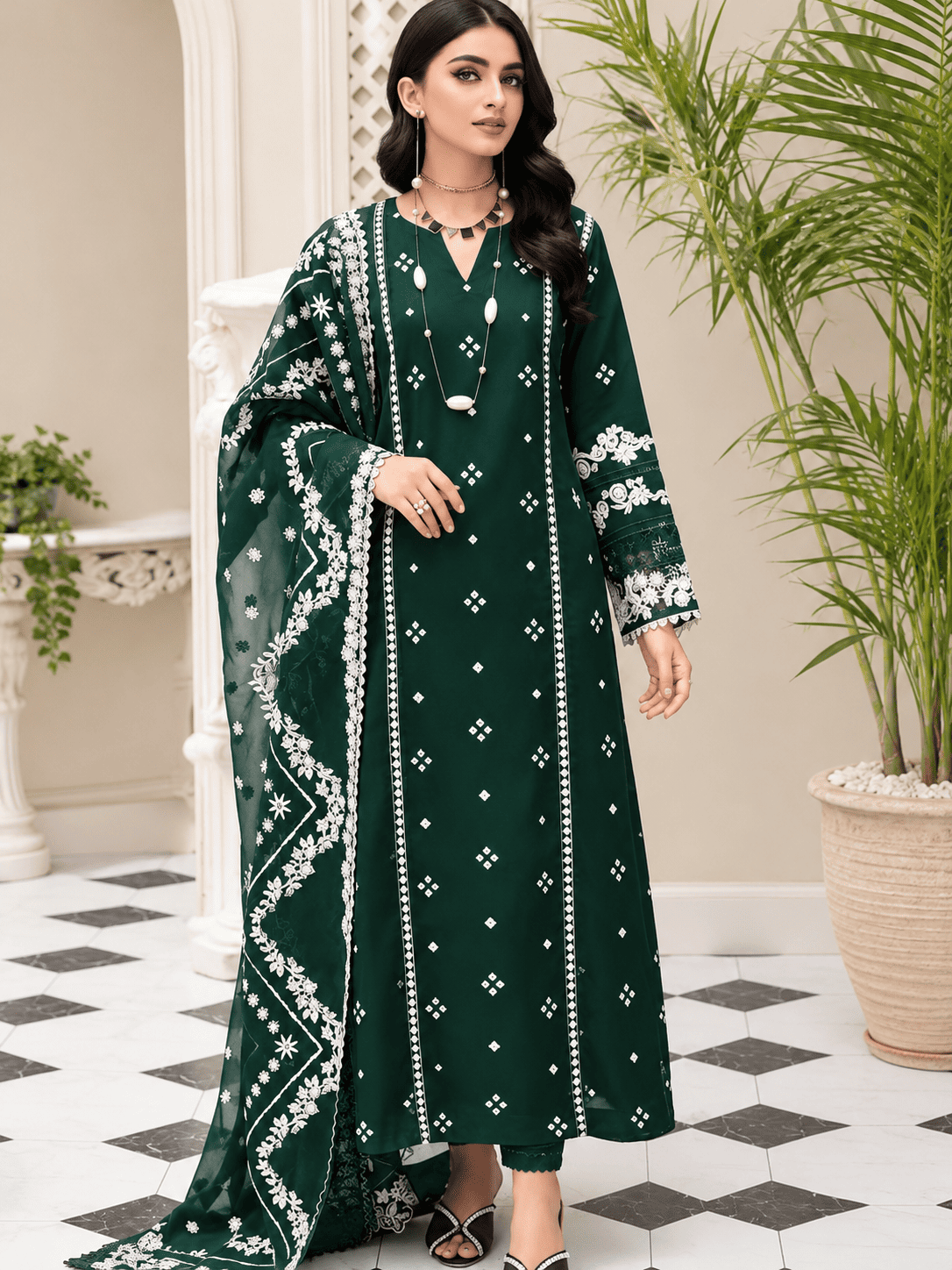 Emerald Winter Dhanak Embroidered 3 Piece Suit with Heavy Embroidered Shawl