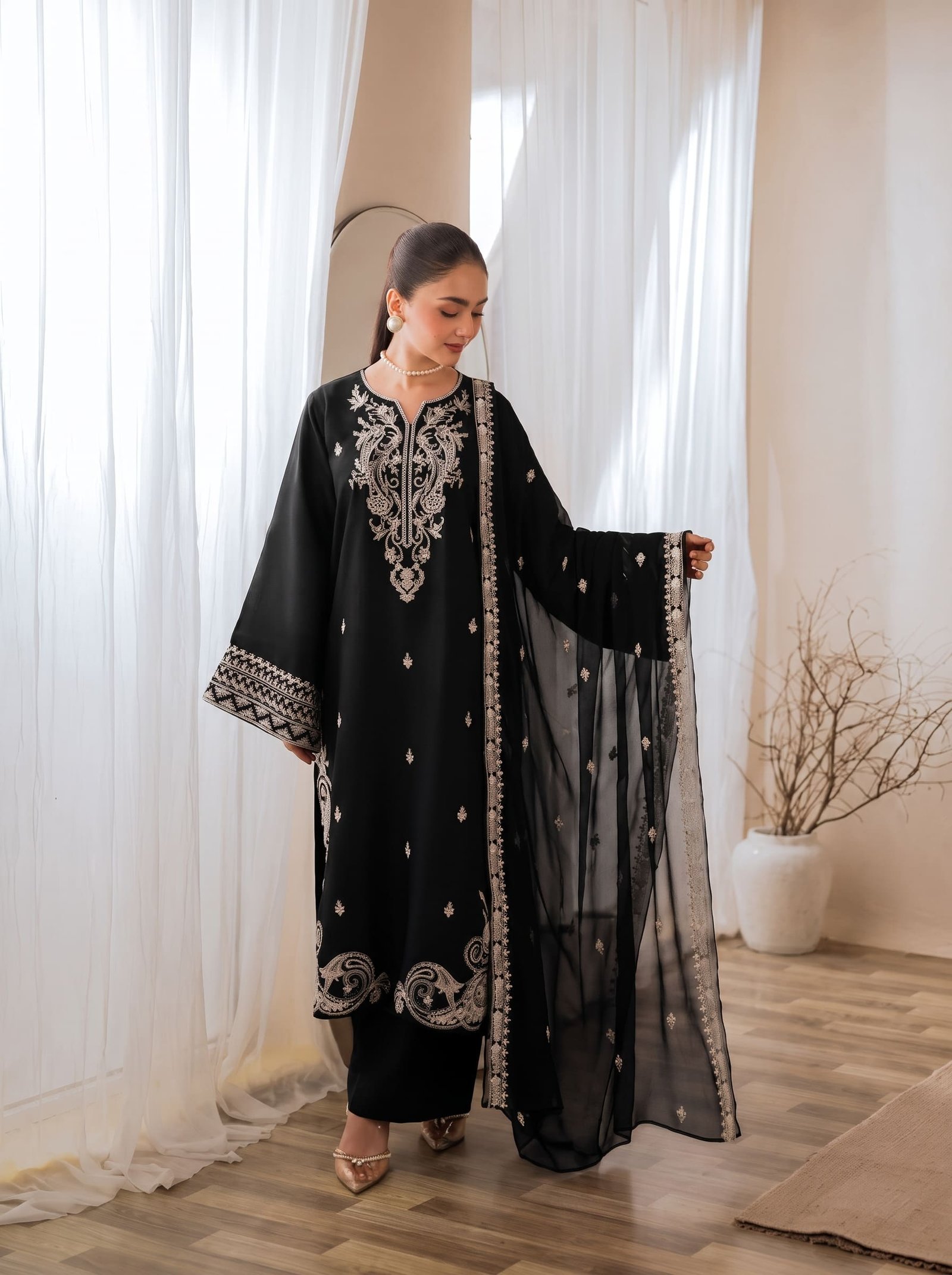 Black Orchid Pure Dhanak 3-Piece Embroidered Dress with Pashmina Wool Shawl Image 2