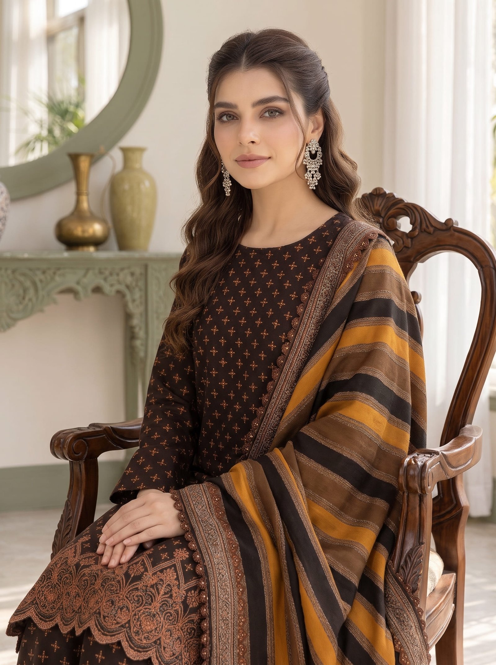 Nazakaat Khaddar Printed 3-Piece Suit with Embroidered Daman & Laser-Cut Detailing Image 2