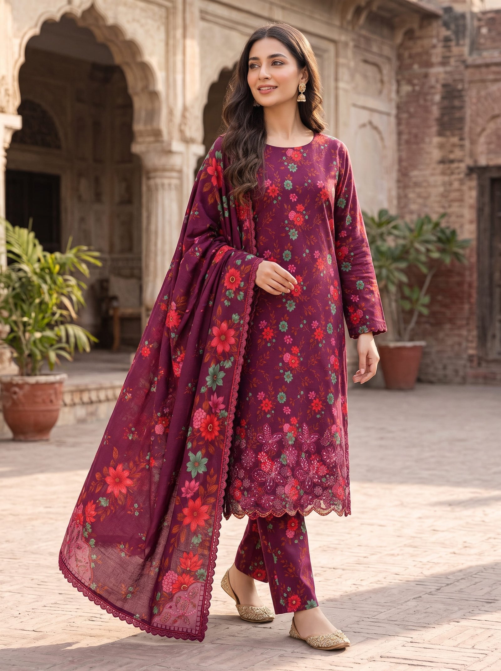 Mahjabeen Khaddar Printed 3-Piece Suit with Embroidered Daman & Laser-Cut Detailing Image 2
