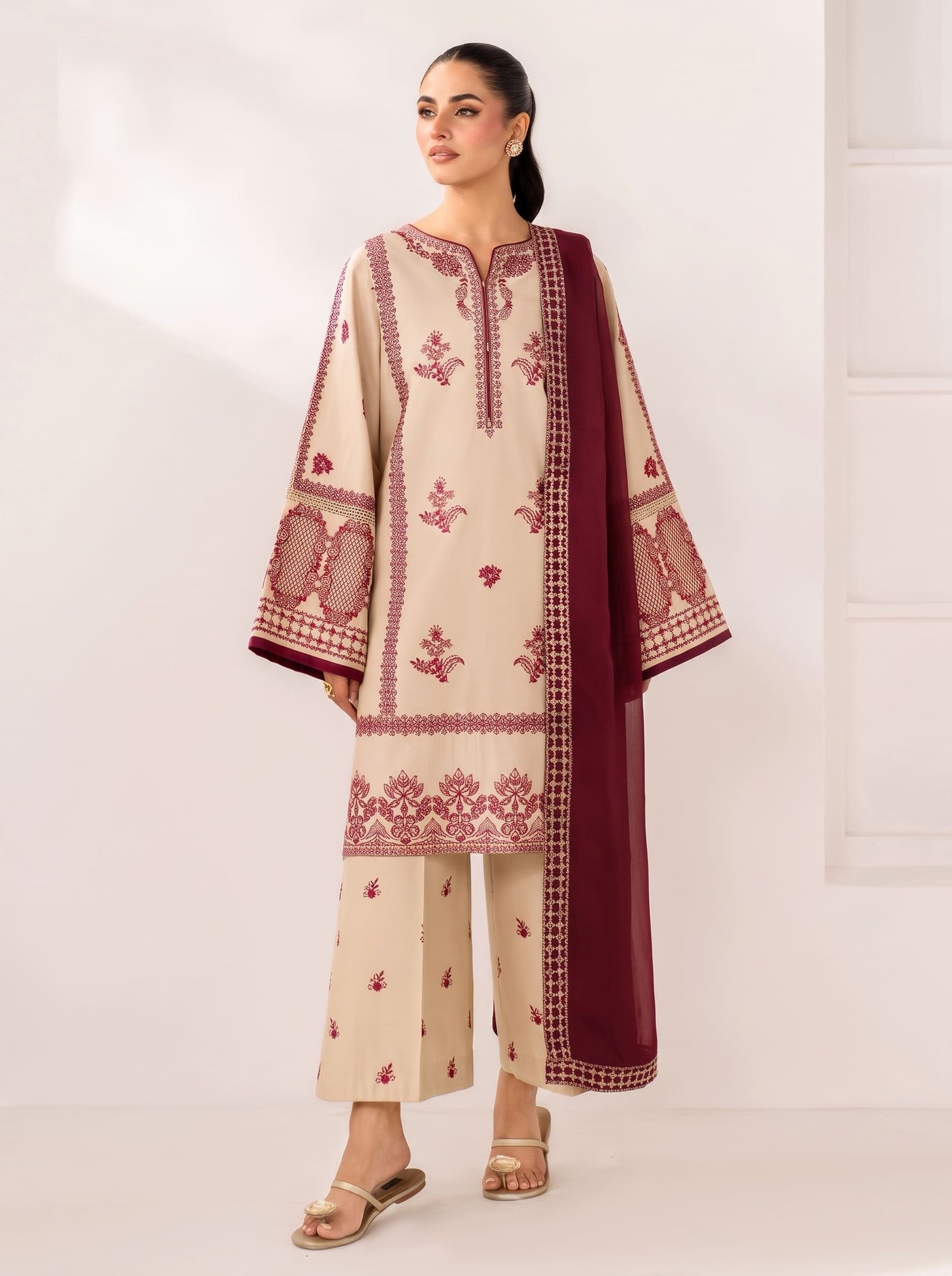 Ethnic Ivory & Maroon Pure Dhanak 3-Piece Embroidered Dress with Pashmina Wool Shawl