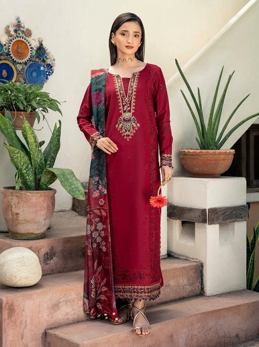 Red Wine Ethnic Pure Dhanak 3-Piece Embroidered Dress with Pashmina Wool Shawl Image 2