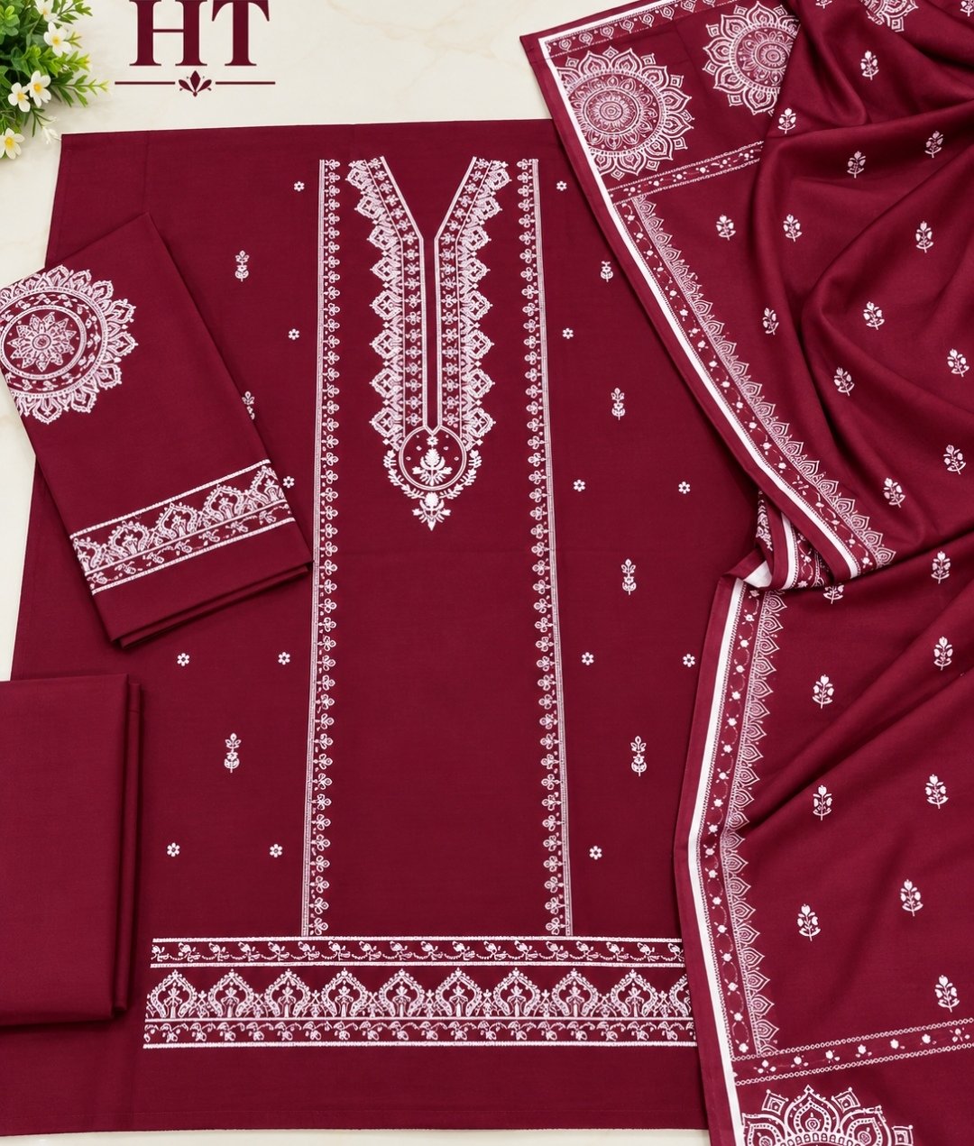 Premium Red Vine Dhanak Embroidered Winter Collection with Pashmina Shawl Image 2