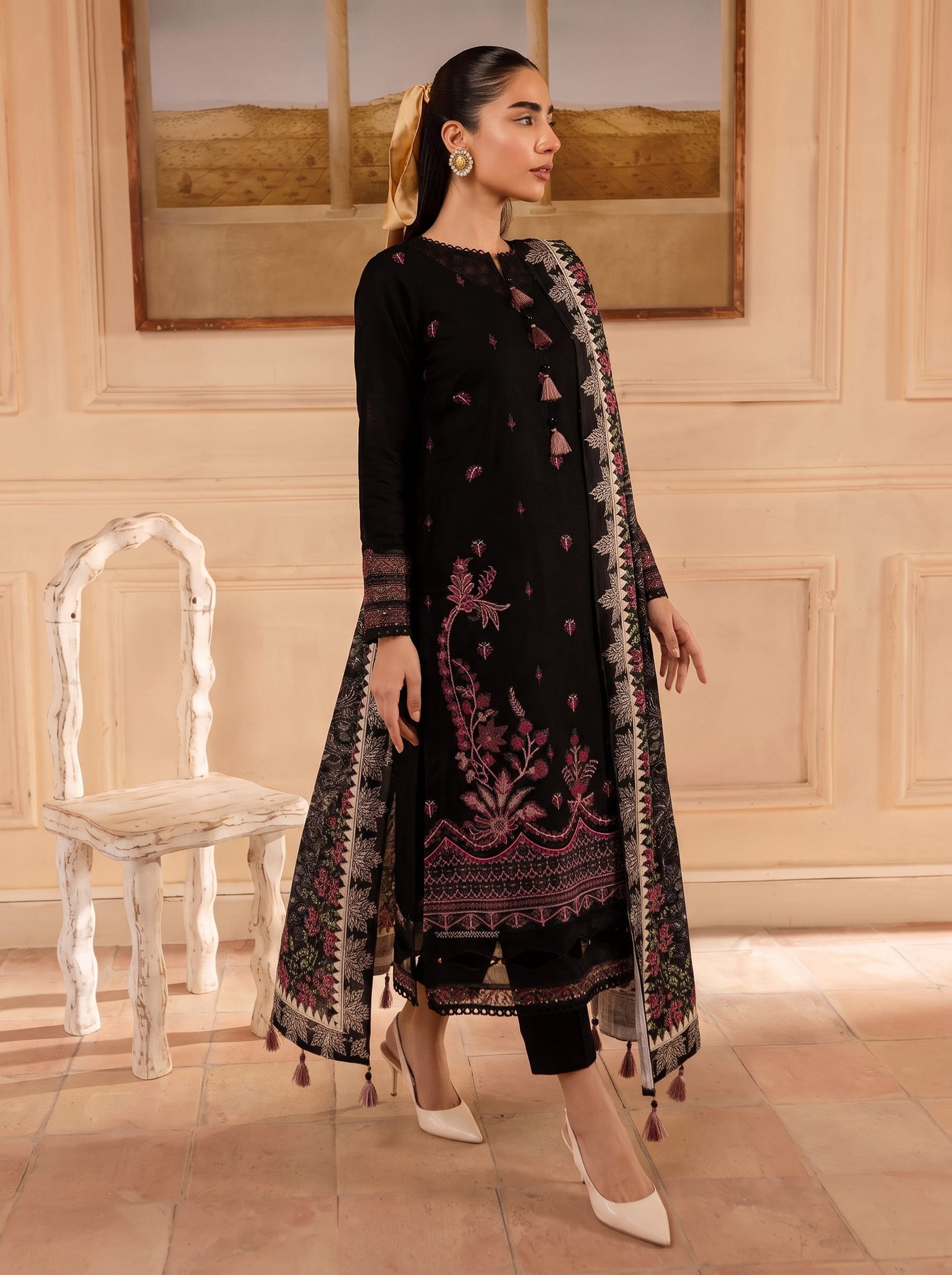 Nightfall Grace Pure Dhanak 3-Piece Embroidered Dress with Pashmina Wool Shawl