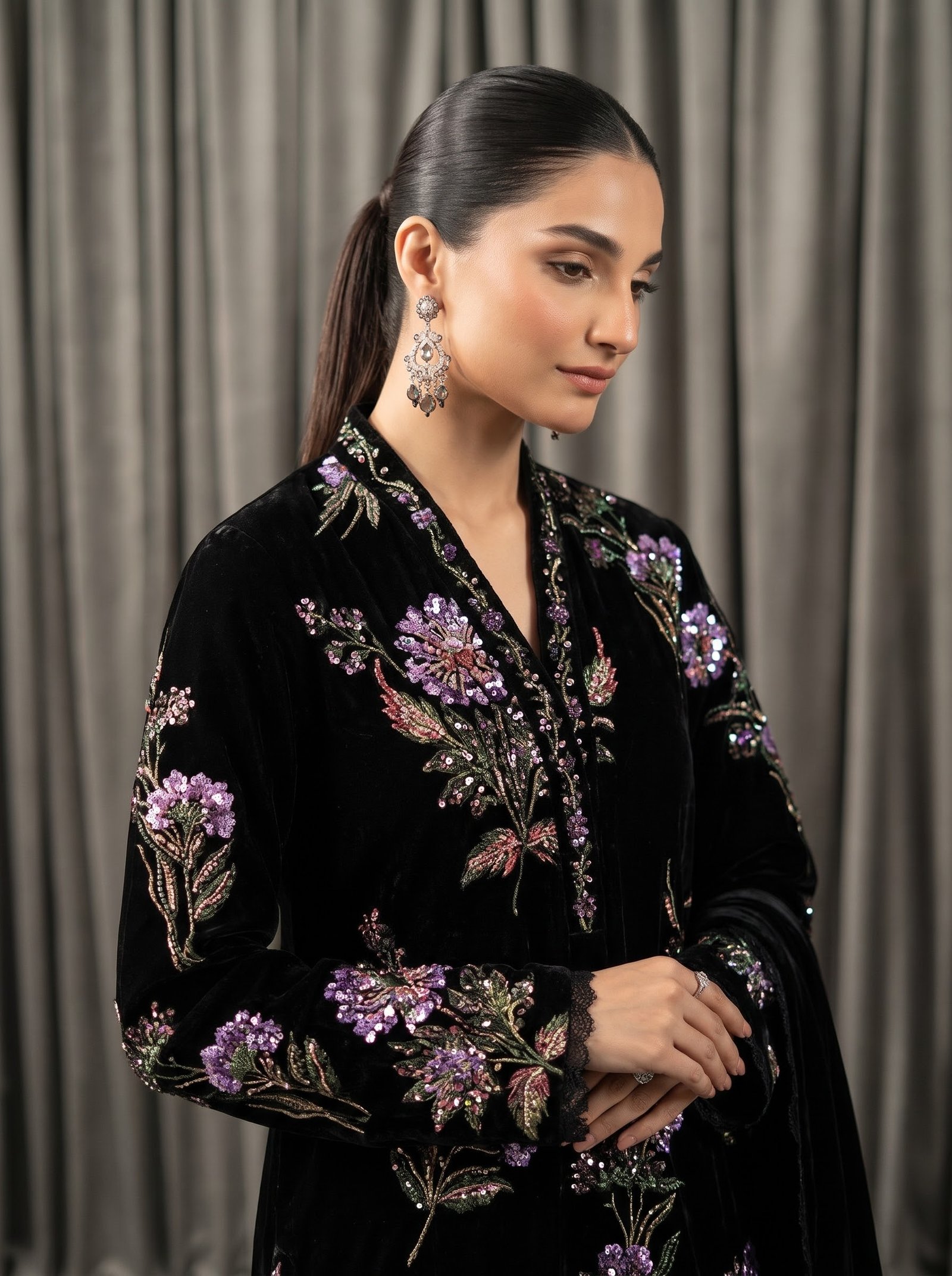 Royal Glamour – Luxury Palachi Velvet 3-Piece Embroidered Suit with Heavy Sequence Work & Designer Shawl