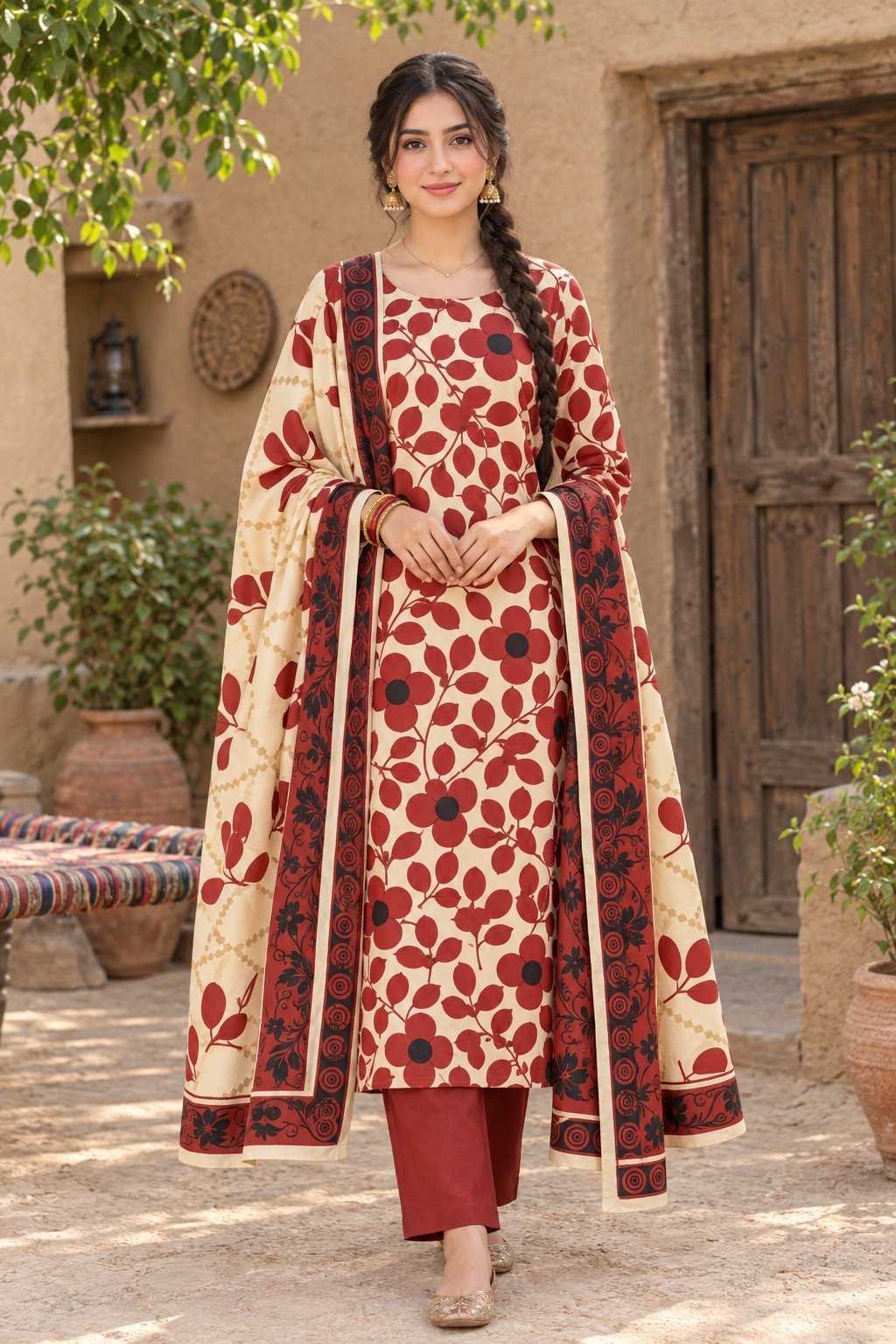 Beige Linen 3 Piece Suit – Digital Printed Collection Bonanza