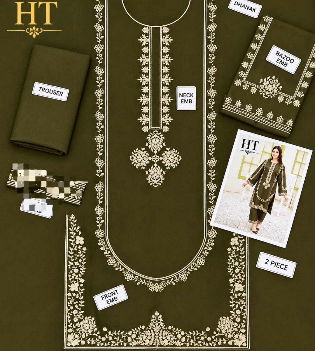 Elegant Olice Green Premium Dhanak Embroidered 2-Piece Suit – Winter Collection 2026-27 Image 2