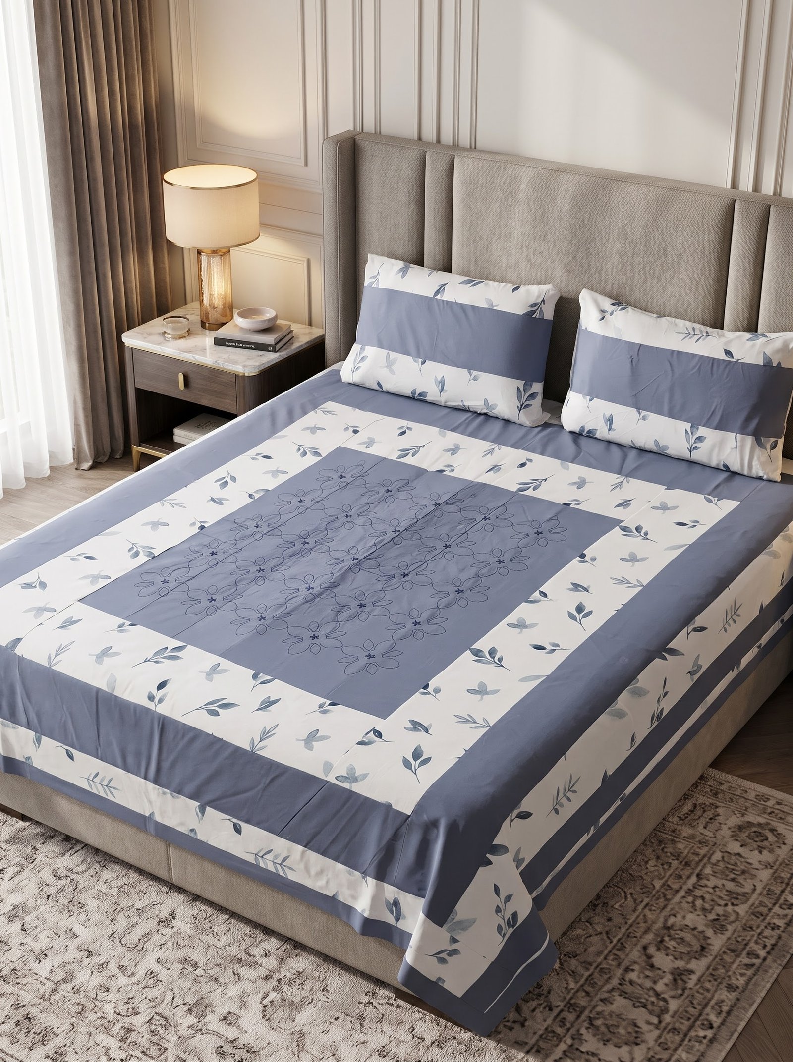 King Size Cotton Patchwork Bedsheet – Embroidered & Panel Design