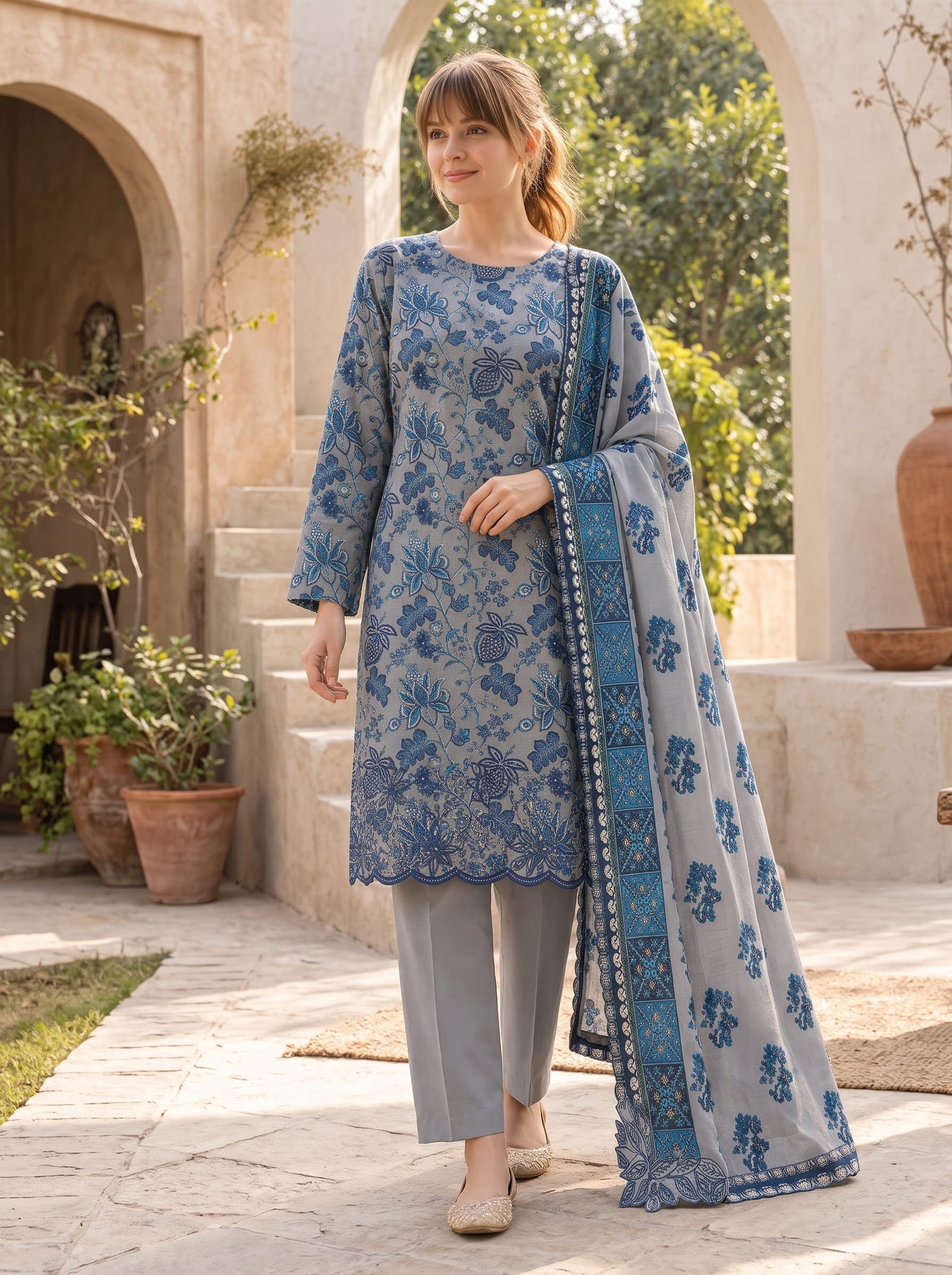 Zarnoor Khaddar Printed 3-Piece Suit with Embroidered Daman & Laser-Cut Detailing