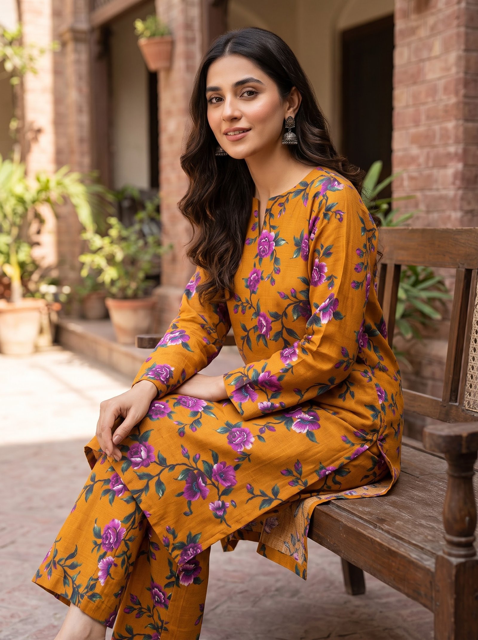 Floral Mustard Print Khaddar 2 Piece Suit – Digital Printed Winter Collection