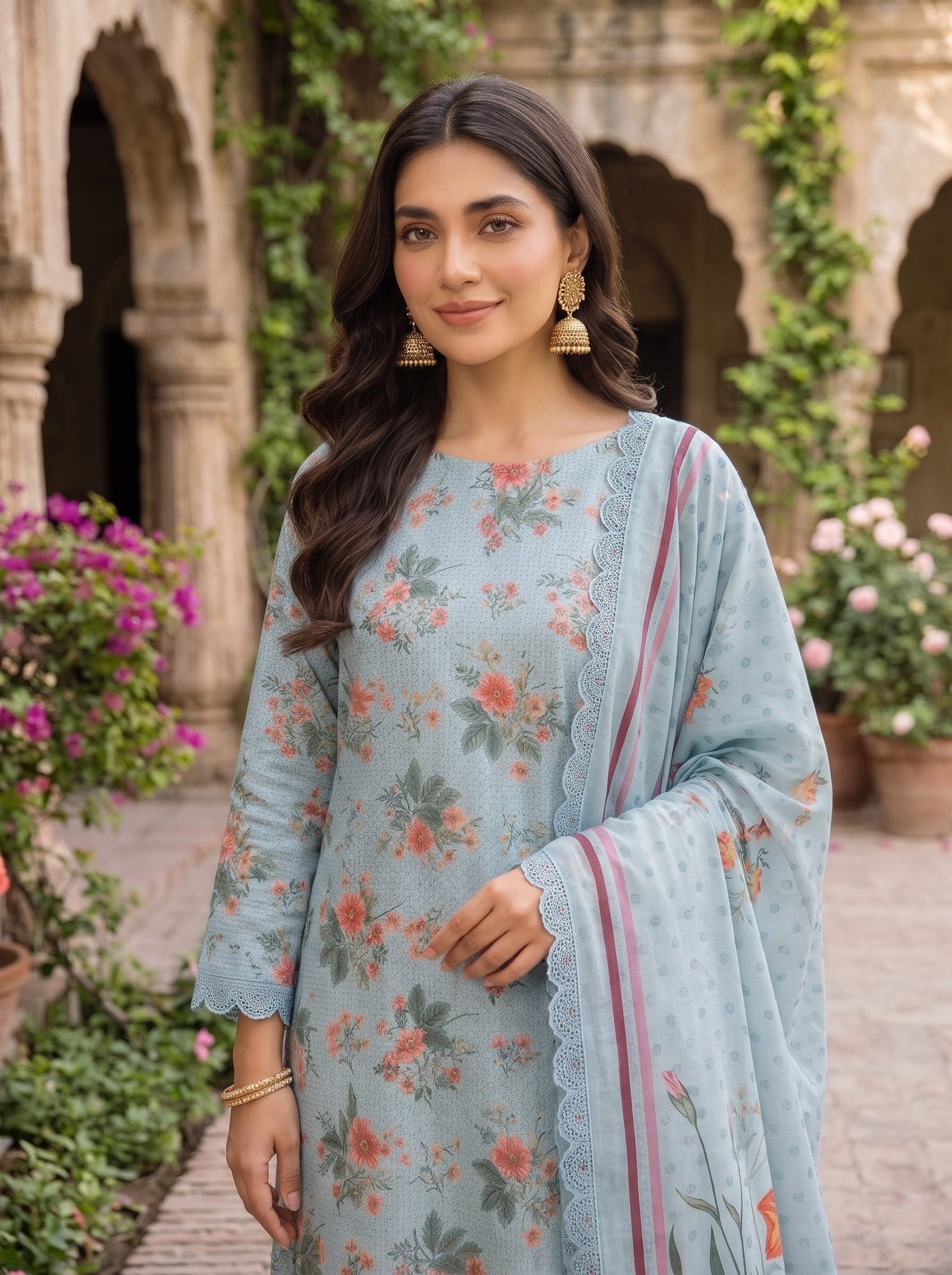 Gul Bano Khaddar Printed 3-Piece Suit with Embroidered Daman & Laser-Cut Detailing