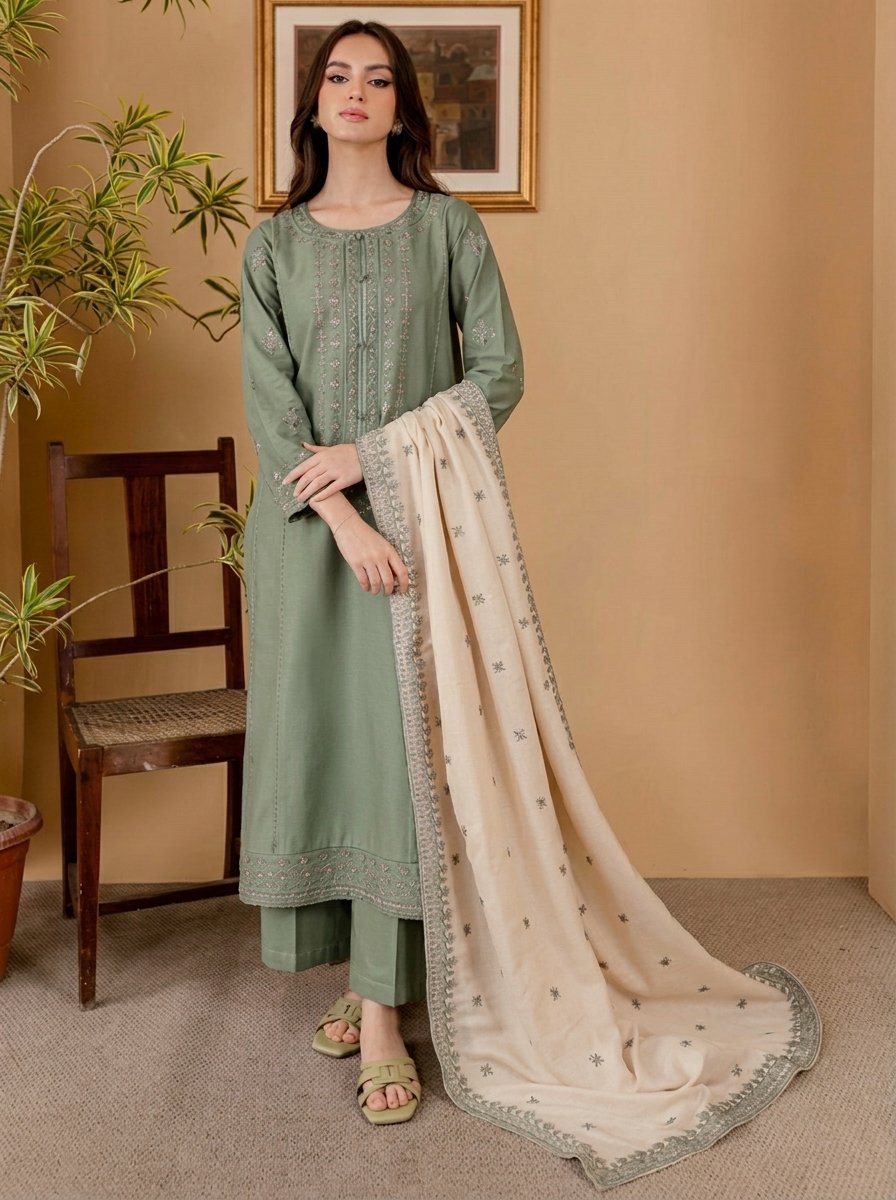 Sage Green Ethnic Pure Dhanak 3-Piece Embroidered Dress with Pashmina Wool Shawl Image 2