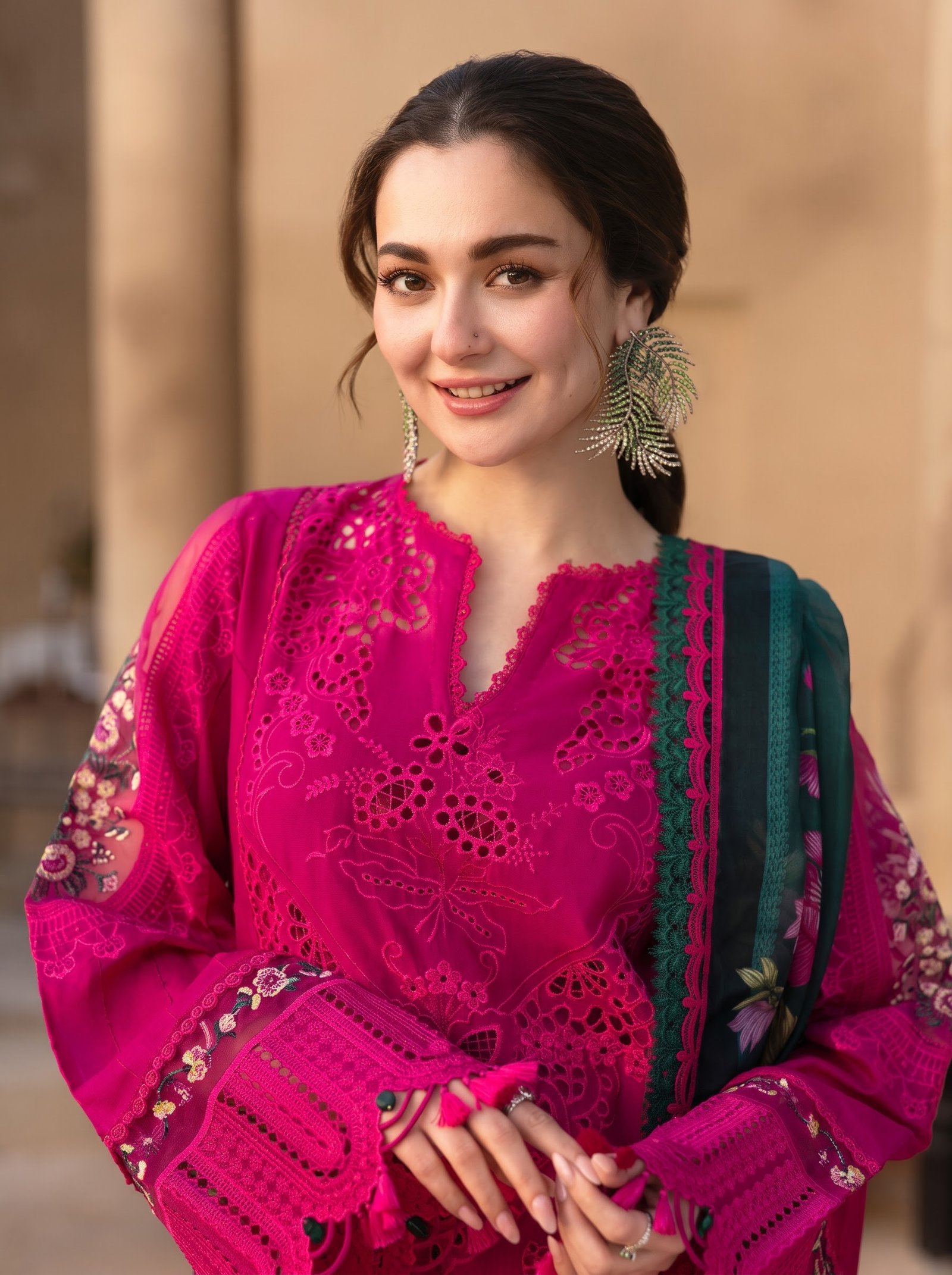 Warm Fuchsia Pure Dhanak 3-Piece Embroidered Dress with Pashmina Wool Shawl