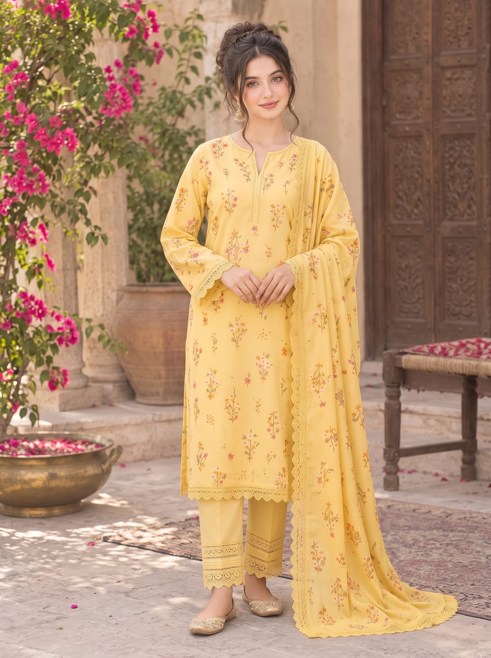 Soft Yellow Dhanak Embroidered 3 Piece Suit with Dhanak Shawl