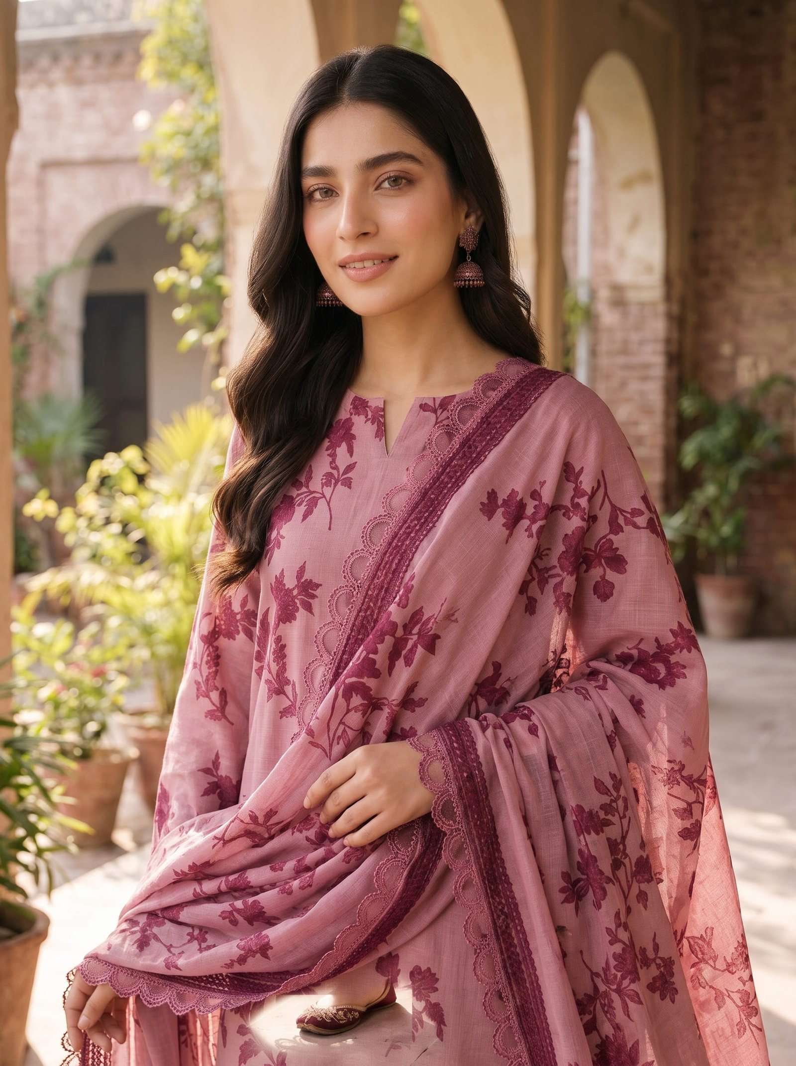 Aabroo Khaddar Printed 3-Piece Suit with Embroidered Daman & Laser-Cut Detailing Image 2