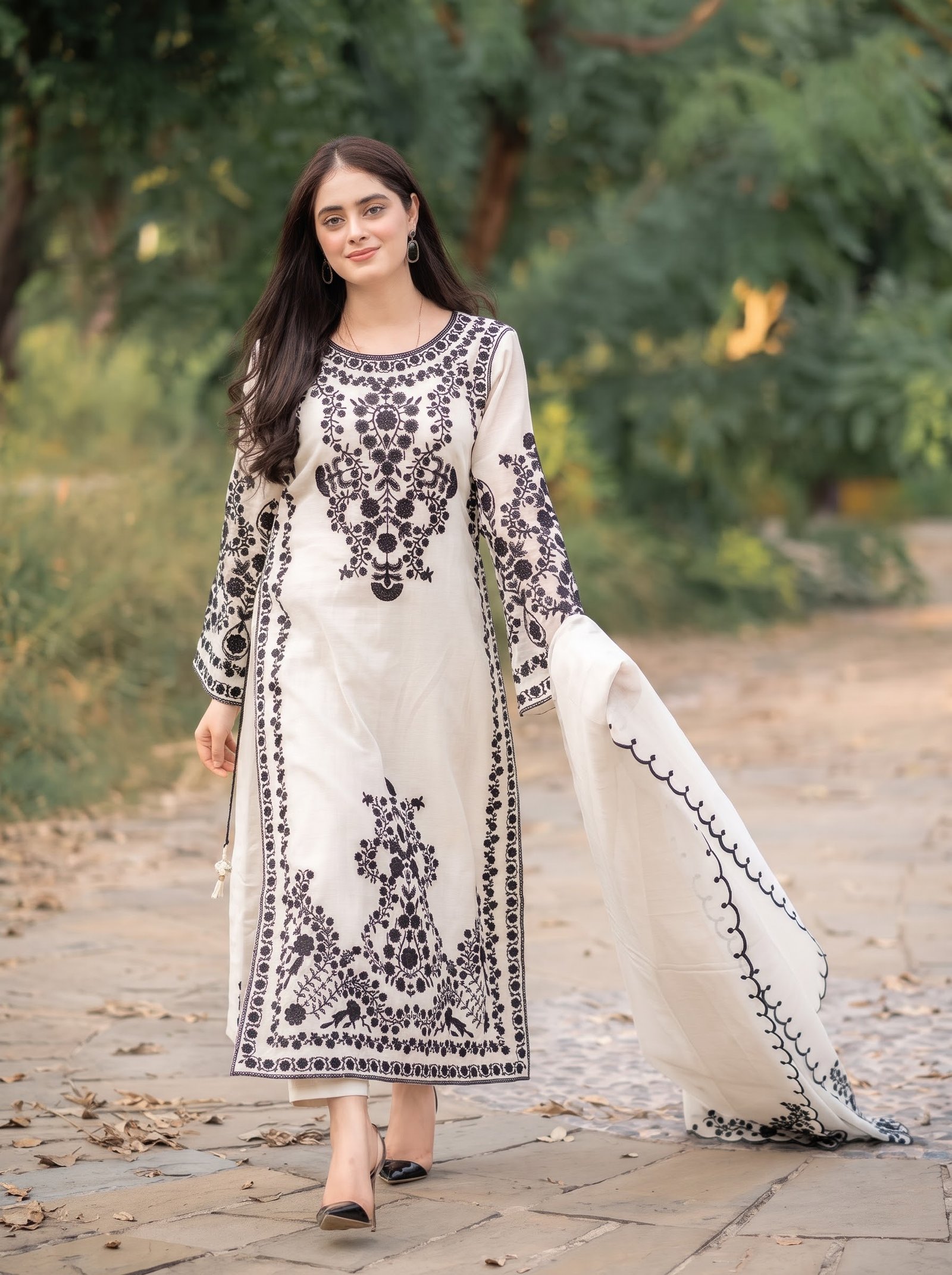 Off White Pure Dhanak 3-Piece Embroidered Dress with Pashmina Wool Shawl