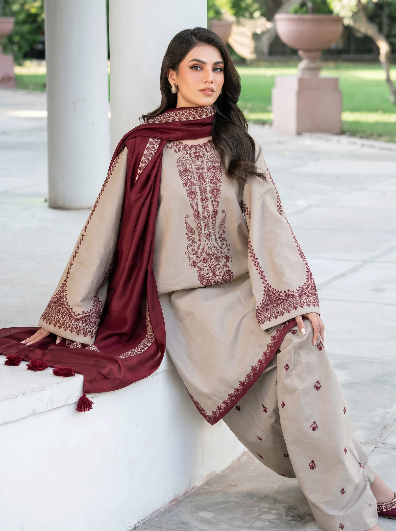 Ivory & Maroon Pure Dhanak 3-Piece Embroidered Dress with Pashmina Wool Shawl