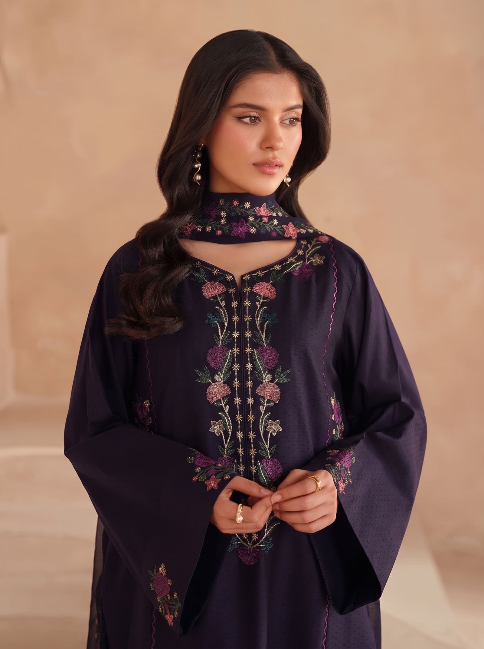 Velvet Grace Pure Dhanak 3-Piece Embroidered Dress with Pashmina Wool Shawl Image 2