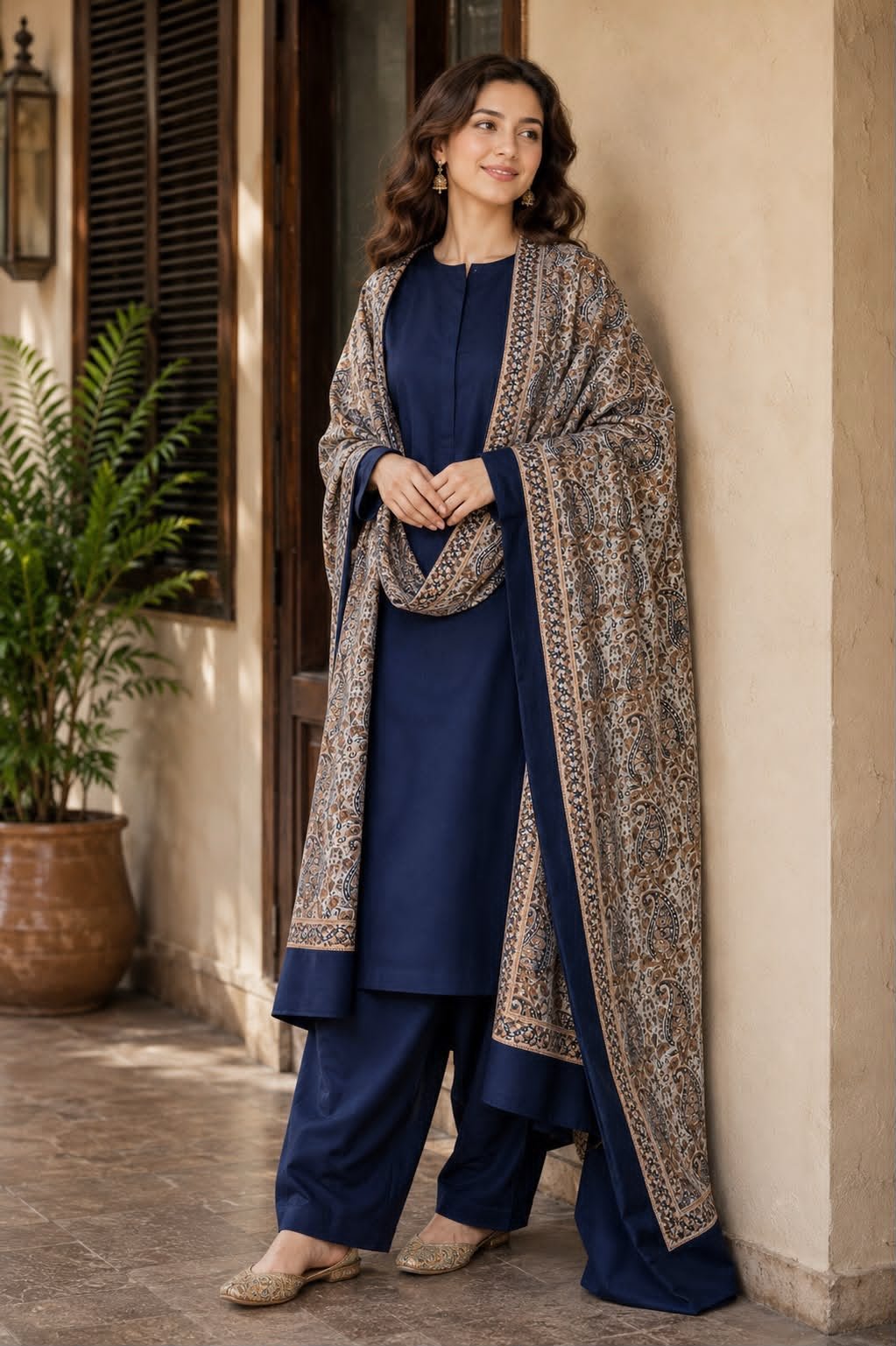 Kashmiri Rose Winter Dhanak Suit with Turkish Jacquard Shawl