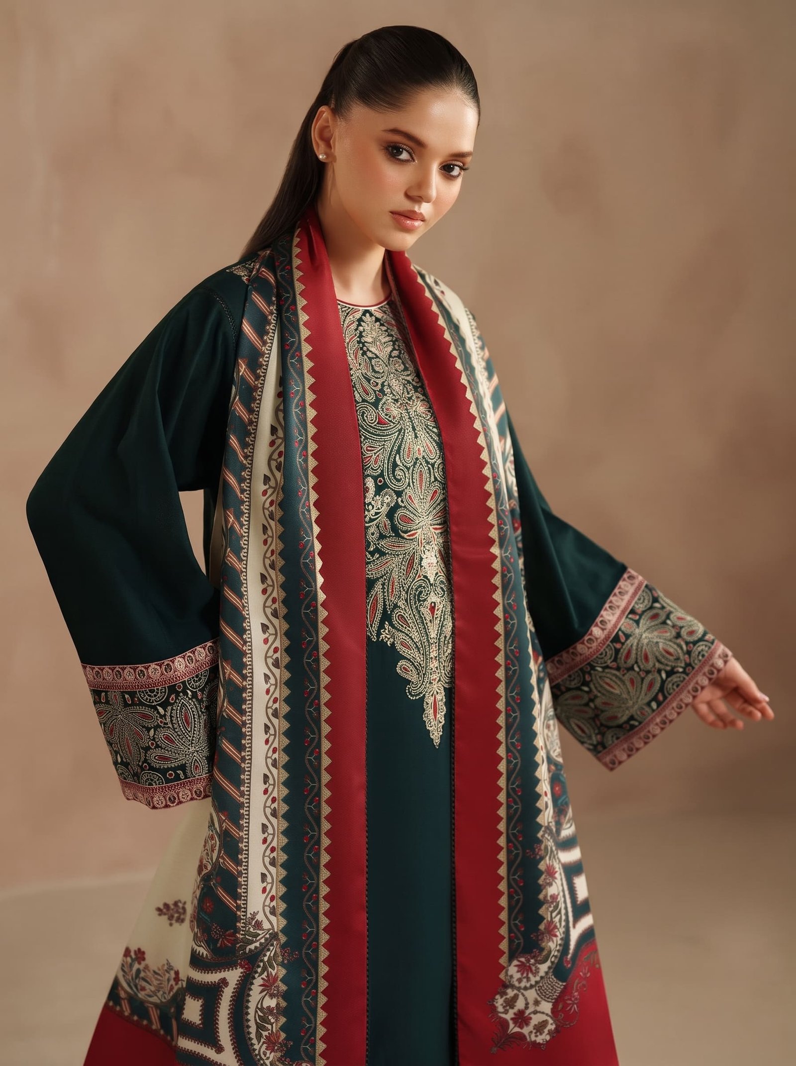 Noir Grace Pure Dhanak 3-Piece Embroidered Dress with Pashmina Wool Shawl Image 2