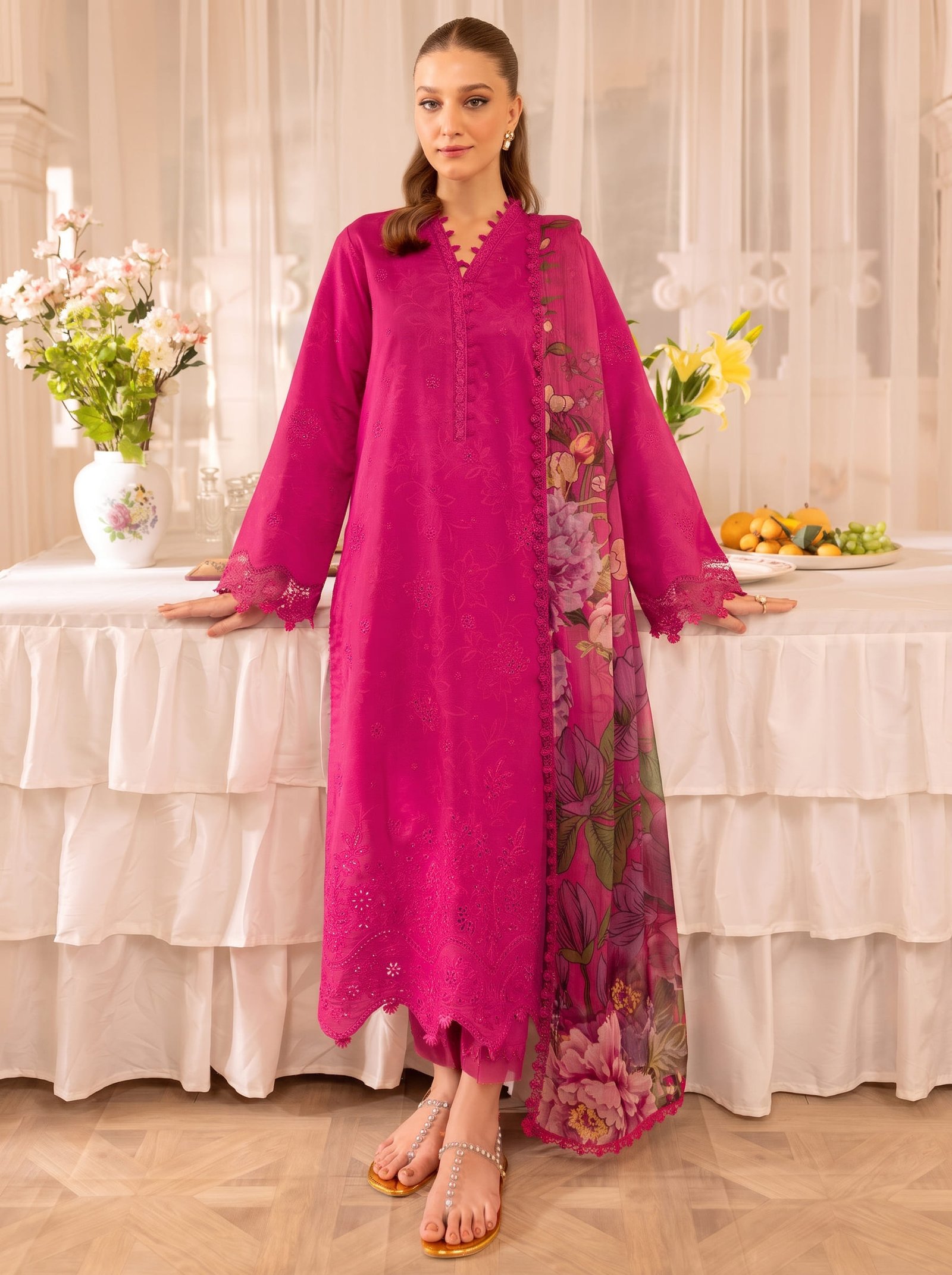 Fuchsia Allure Ethnic Pure Dhanak 3-Piece Embroidered Dress with Pashmina Wool Shawl Image 2