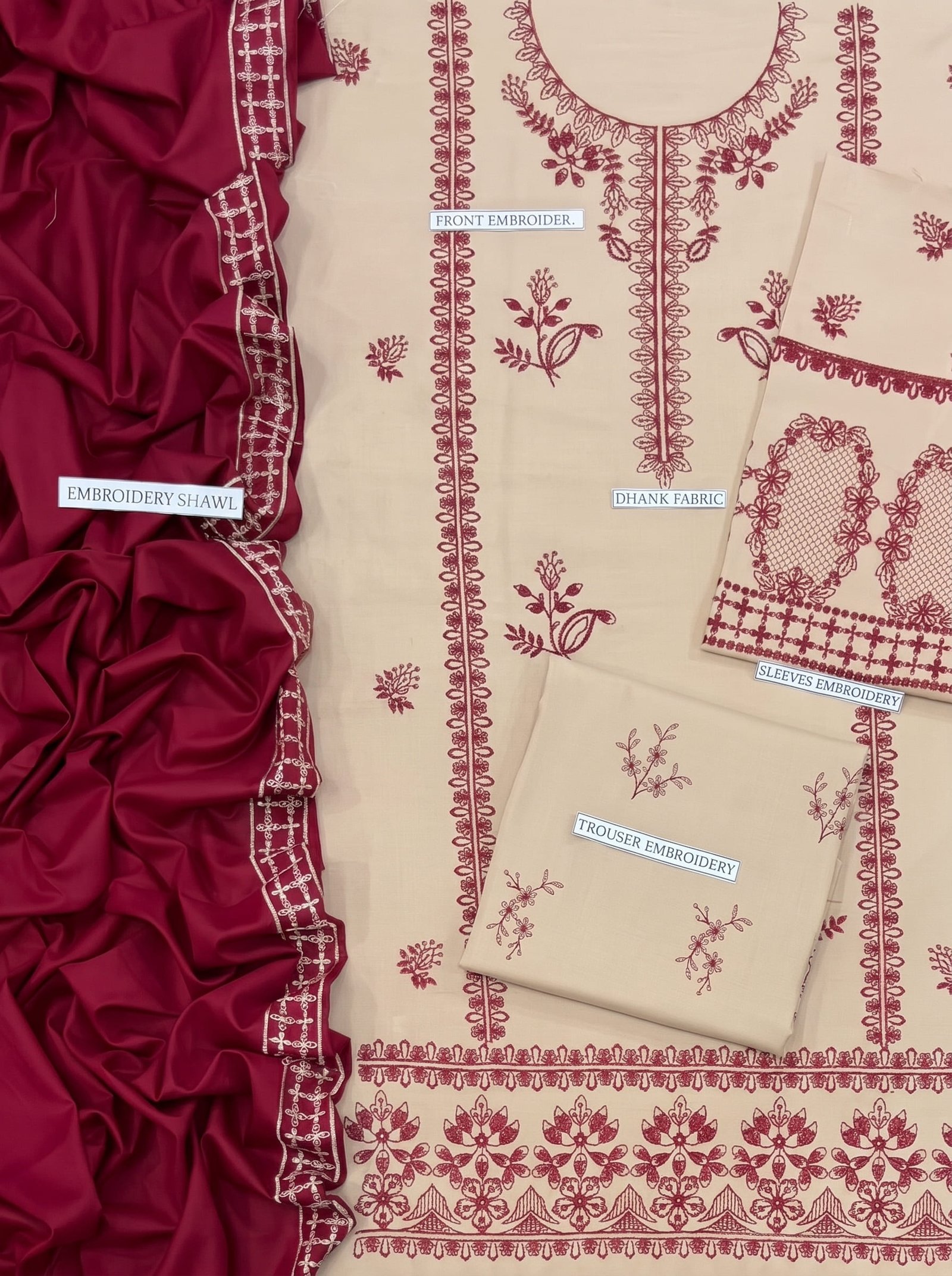 Ivory & Maroon Pure Dhanak 3-Piece Embroidered Dress with Pashmina Wool Shawl Image 3