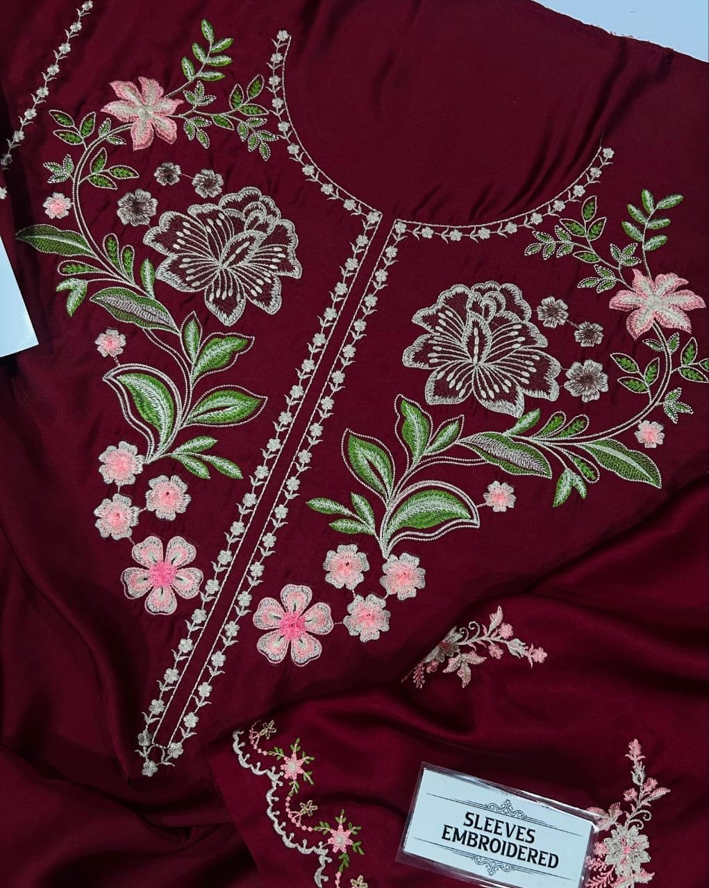 Garnet Red Elegant Heavy Embroidered Silk 2-Piece Unstitched Suit Image 3
