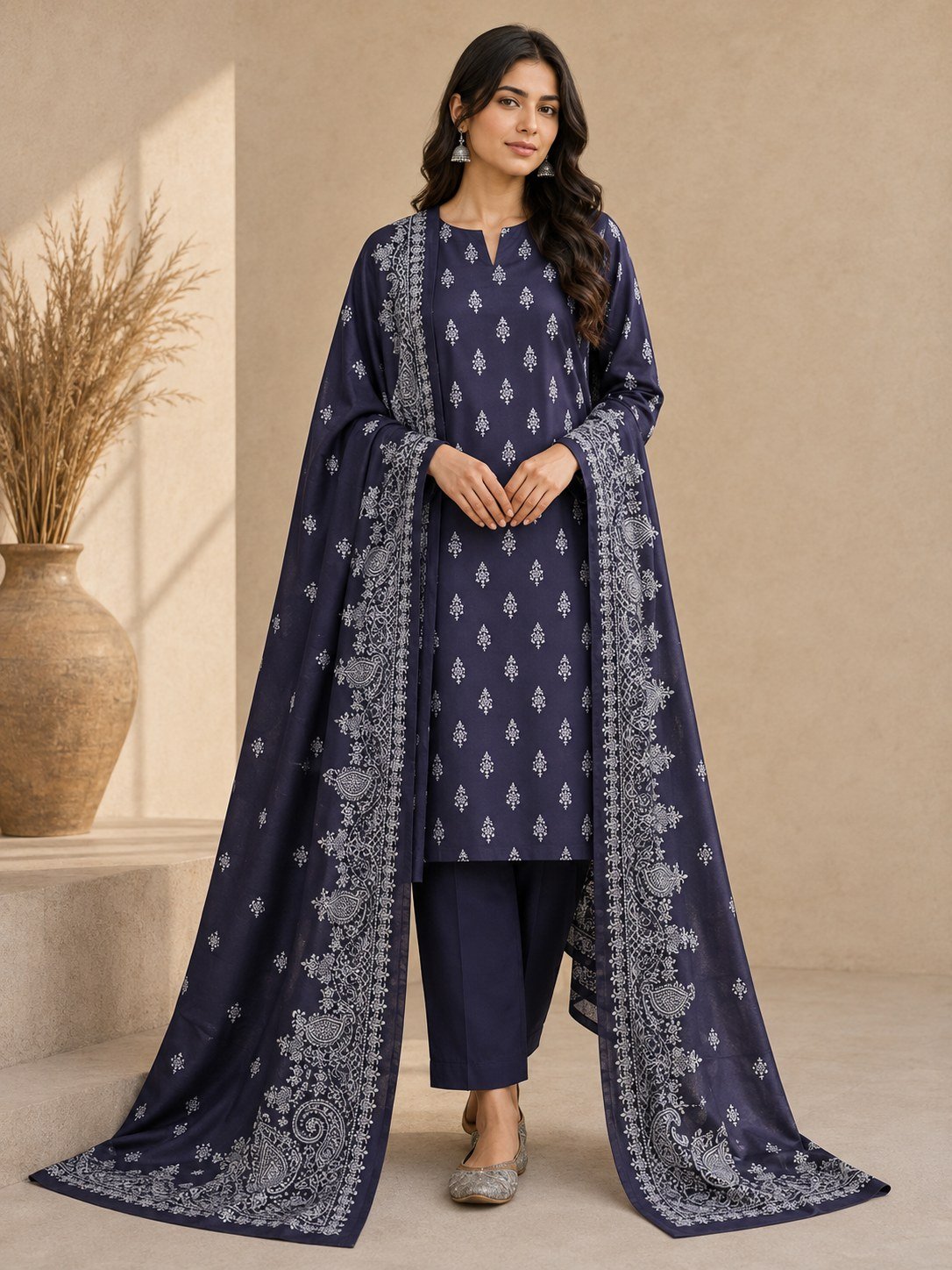 Midnight Blue Linen 3 Piece Suit – Digital Printed Collection Bonanza