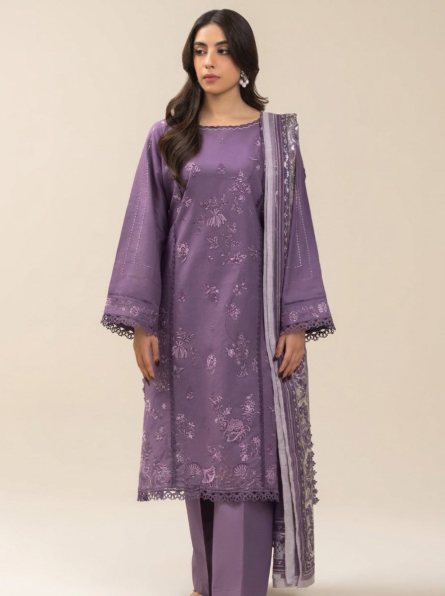 Lavender Ethnic Pure Dhanak 3-Piece Embroidered Dress with Pashmina Wool Shawl
