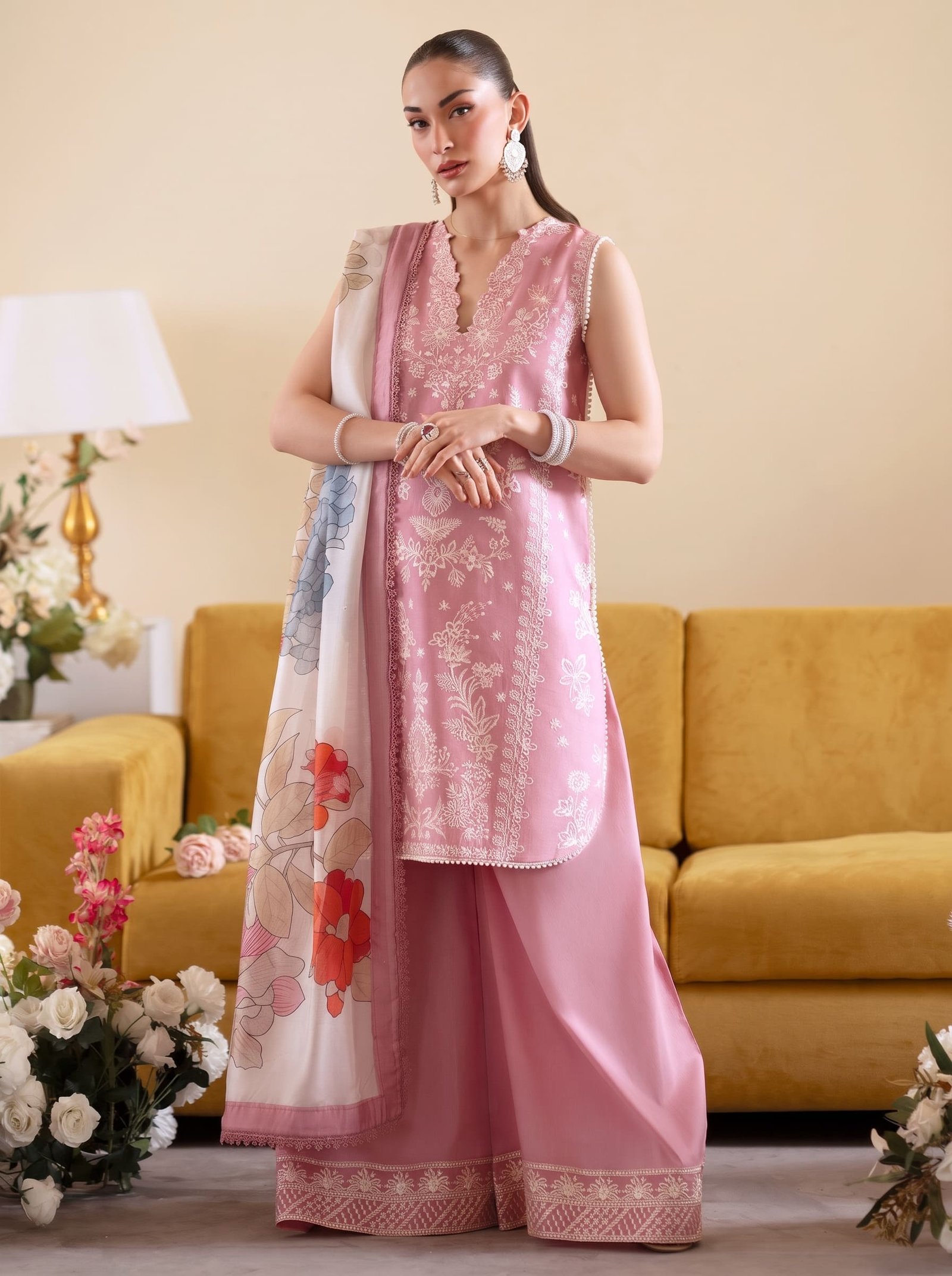 Soft BabyPink Pure Dhanak 3-Piece Embroidered Dress with Pashmina Wool Shawl Image 2