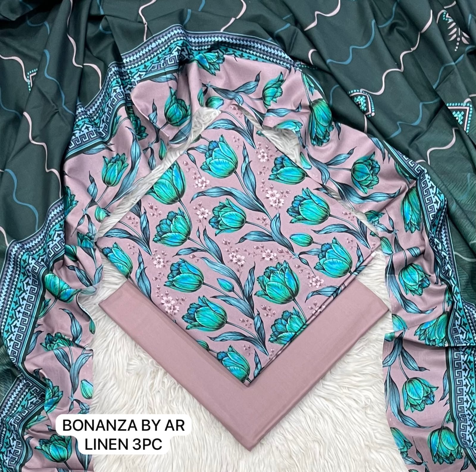 Sea Green Linen 3 Piece Suit – Digital Printed Collection Bonanza Image 2