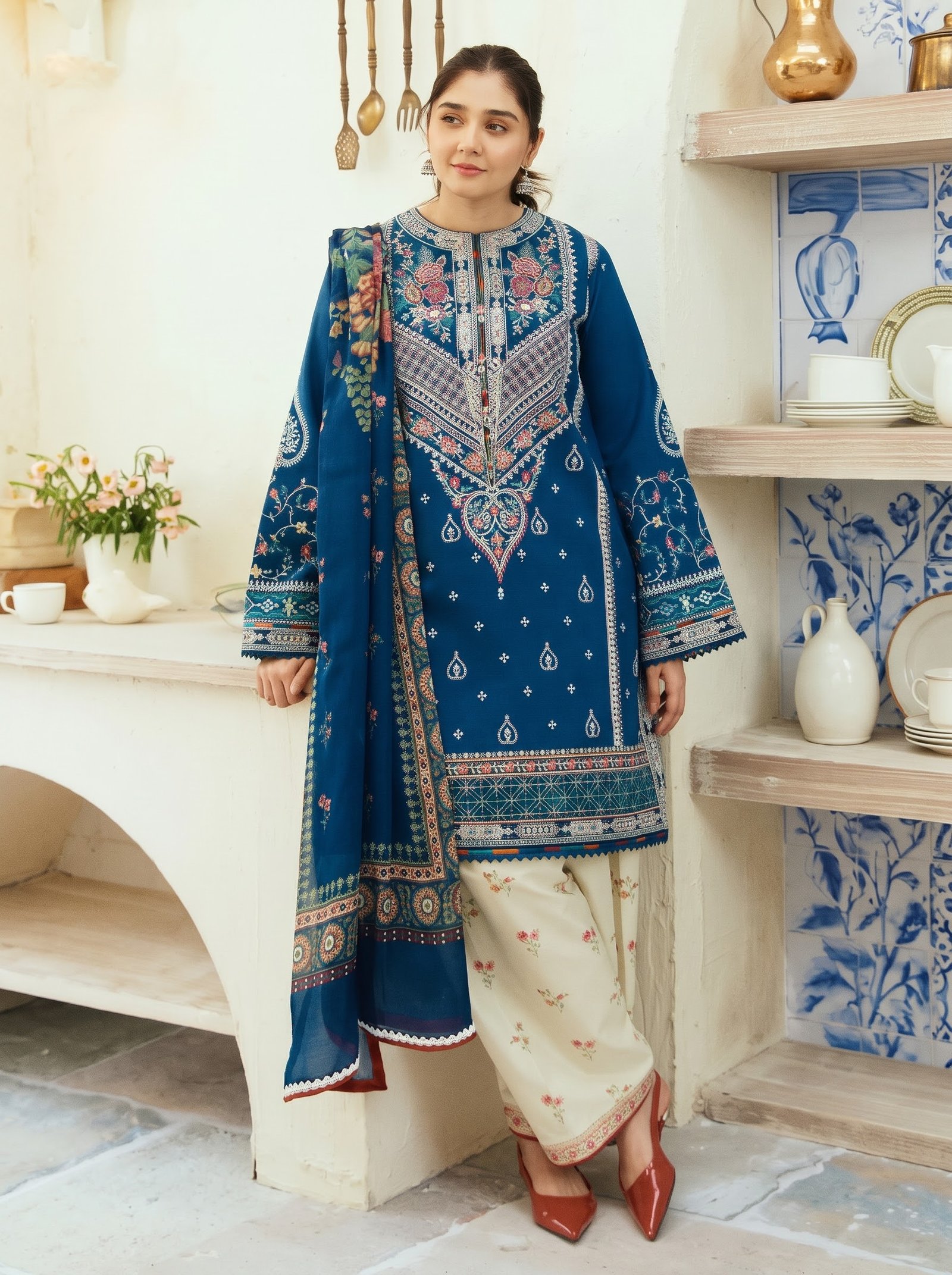 Oceanic Blue Pure Dhanak 3-Piece Embroidered Dress with Pashmina Wool Shawl