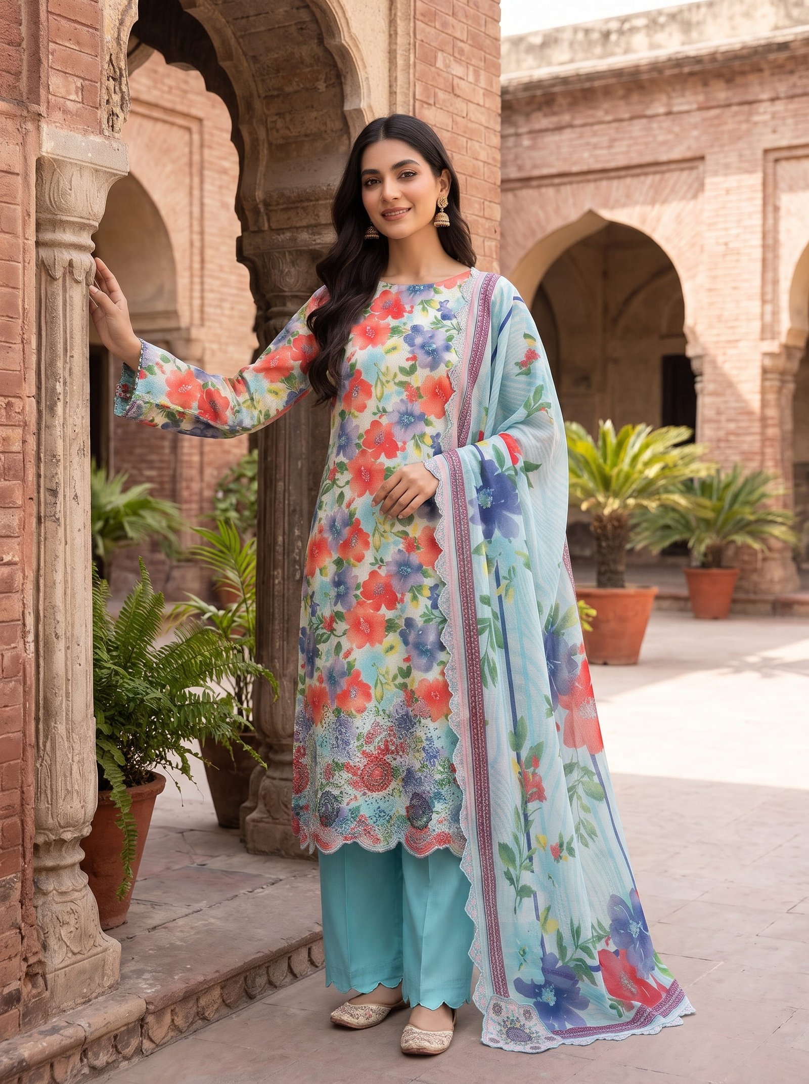 Zarposh Khaddar Printed 3-Piece Suit with Embroidered Daman & Laser-Cut Detailing Image 2