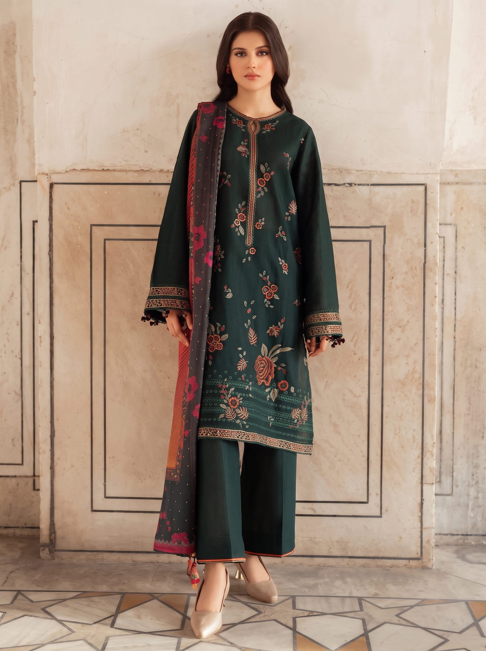 Naazneen Ethnic Pure Dhanak 3-Piece Embroidered Dress with Pashmina Wool Shawl