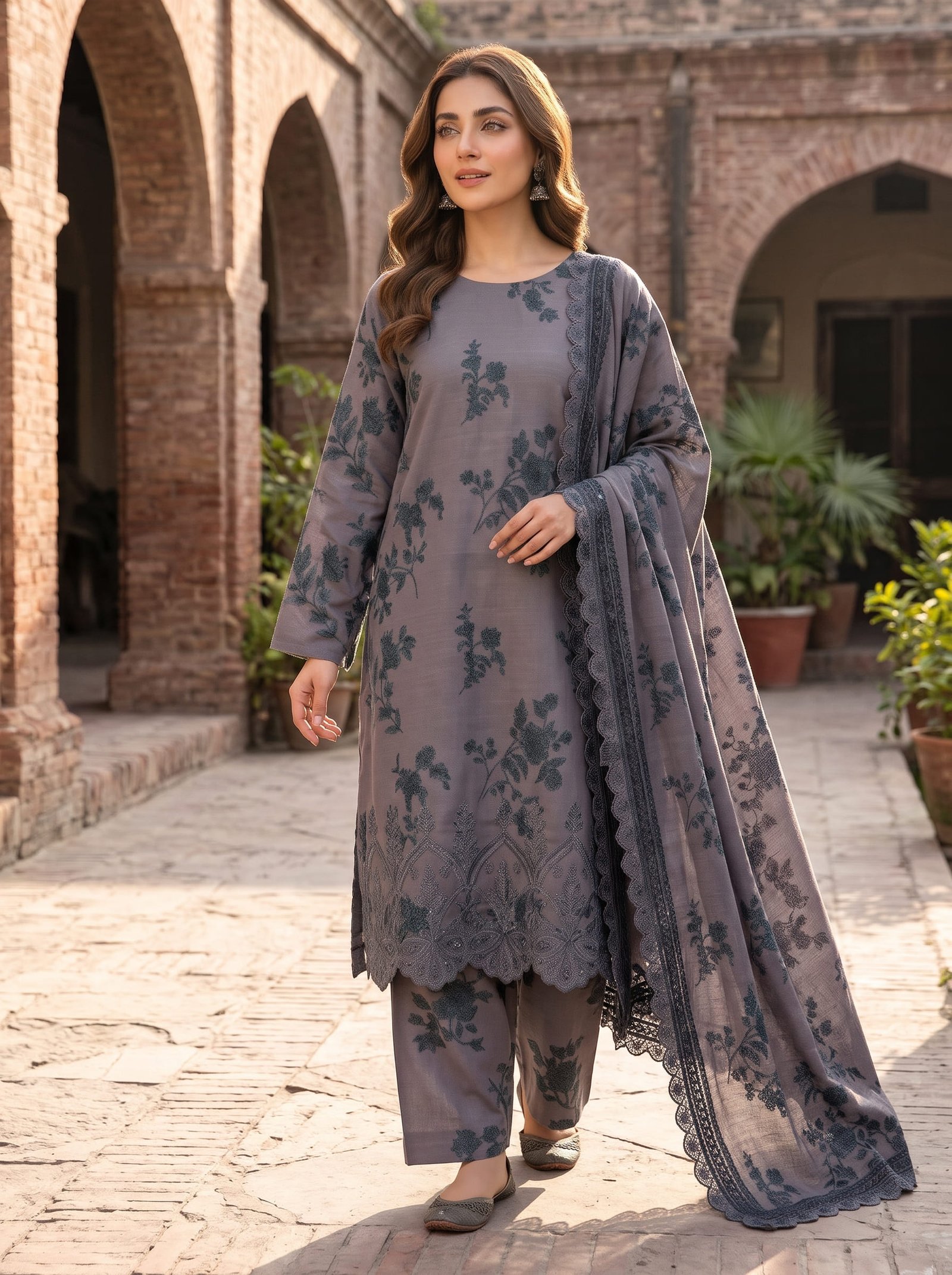 Nayab Khaddar Printed 3-Piece Suit with Embroidered Daman & Laser-Cut Detailing