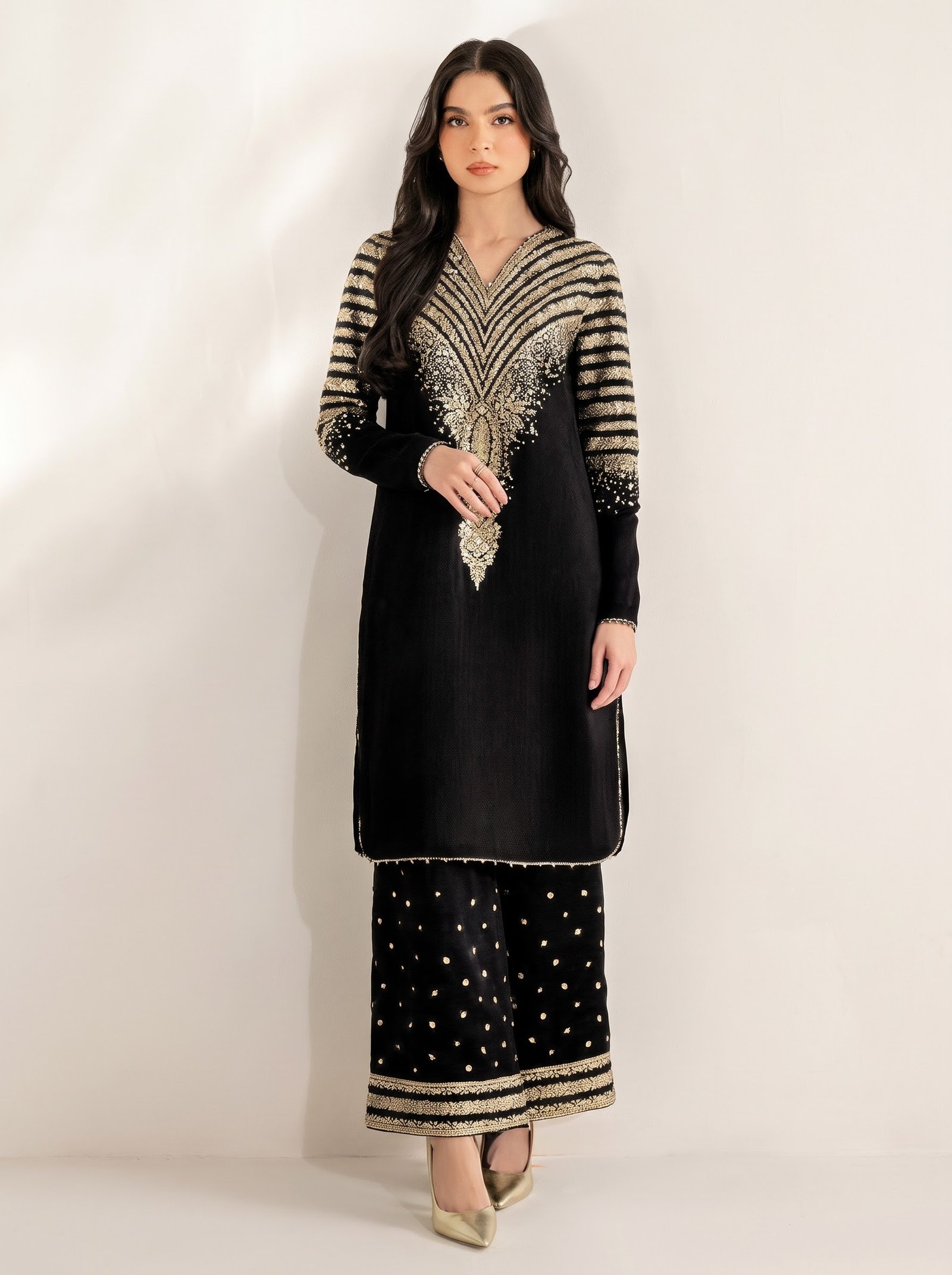 Onyx Charm – Black Embroidered Dhanak 2PC
