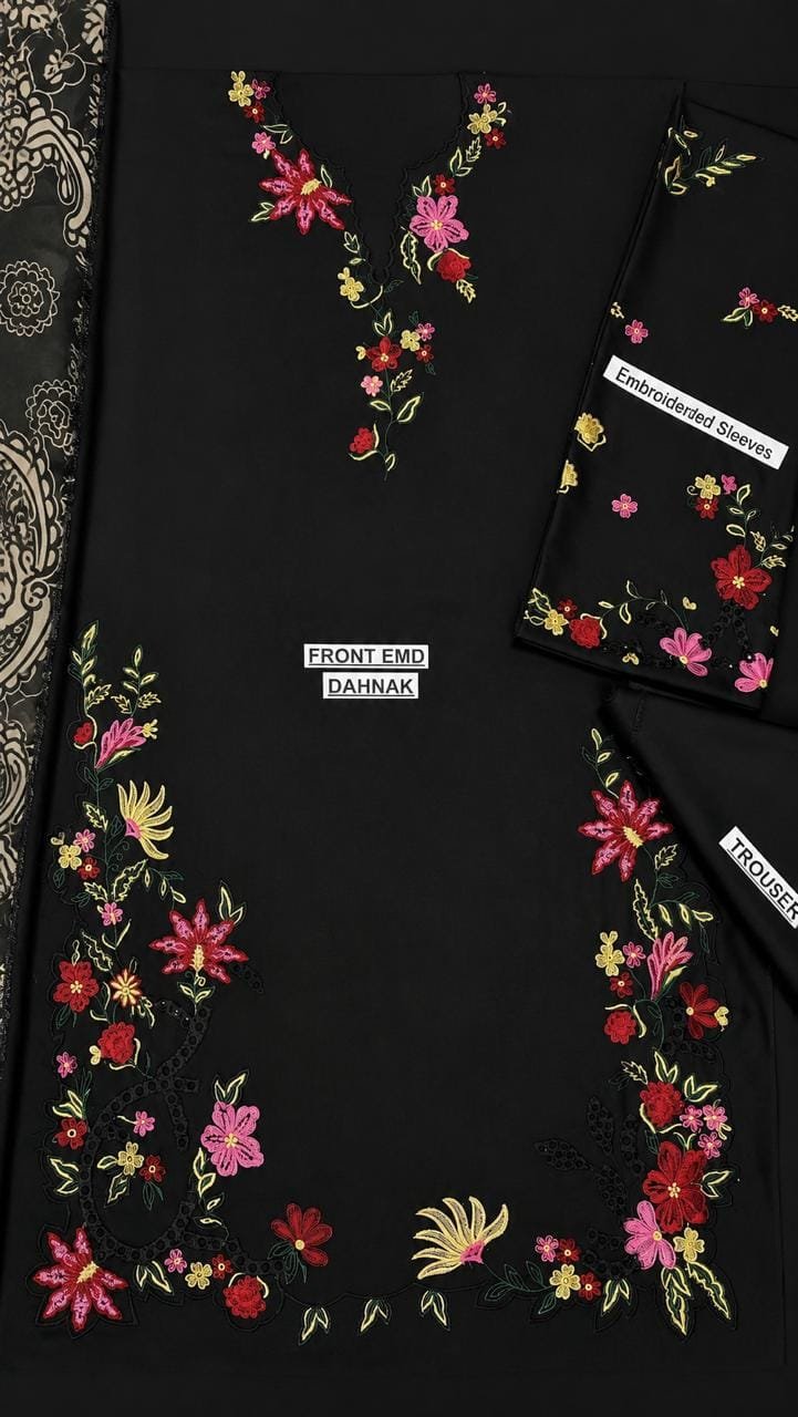 Deep Black Dhanak Embroidered 3-Piece Suit with Pashmina Shawl – Daman Shiffli Work Image 3