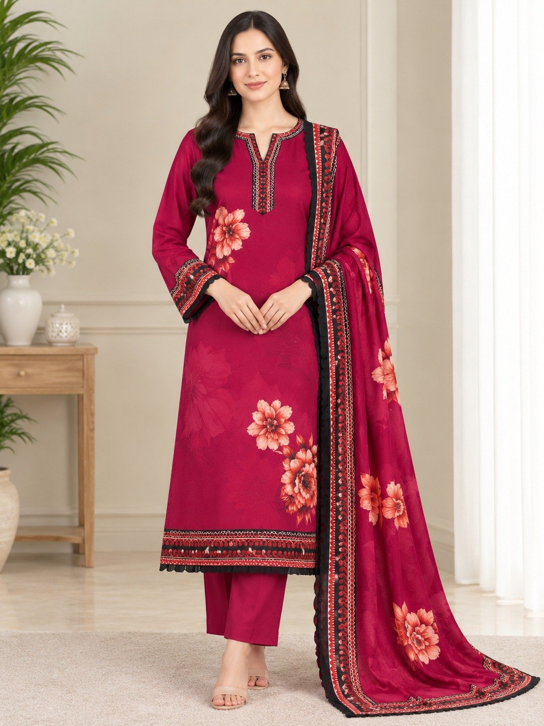 Ruby Bloom Linen 3 Piece Suit – Digital Printed Collection Bonanza