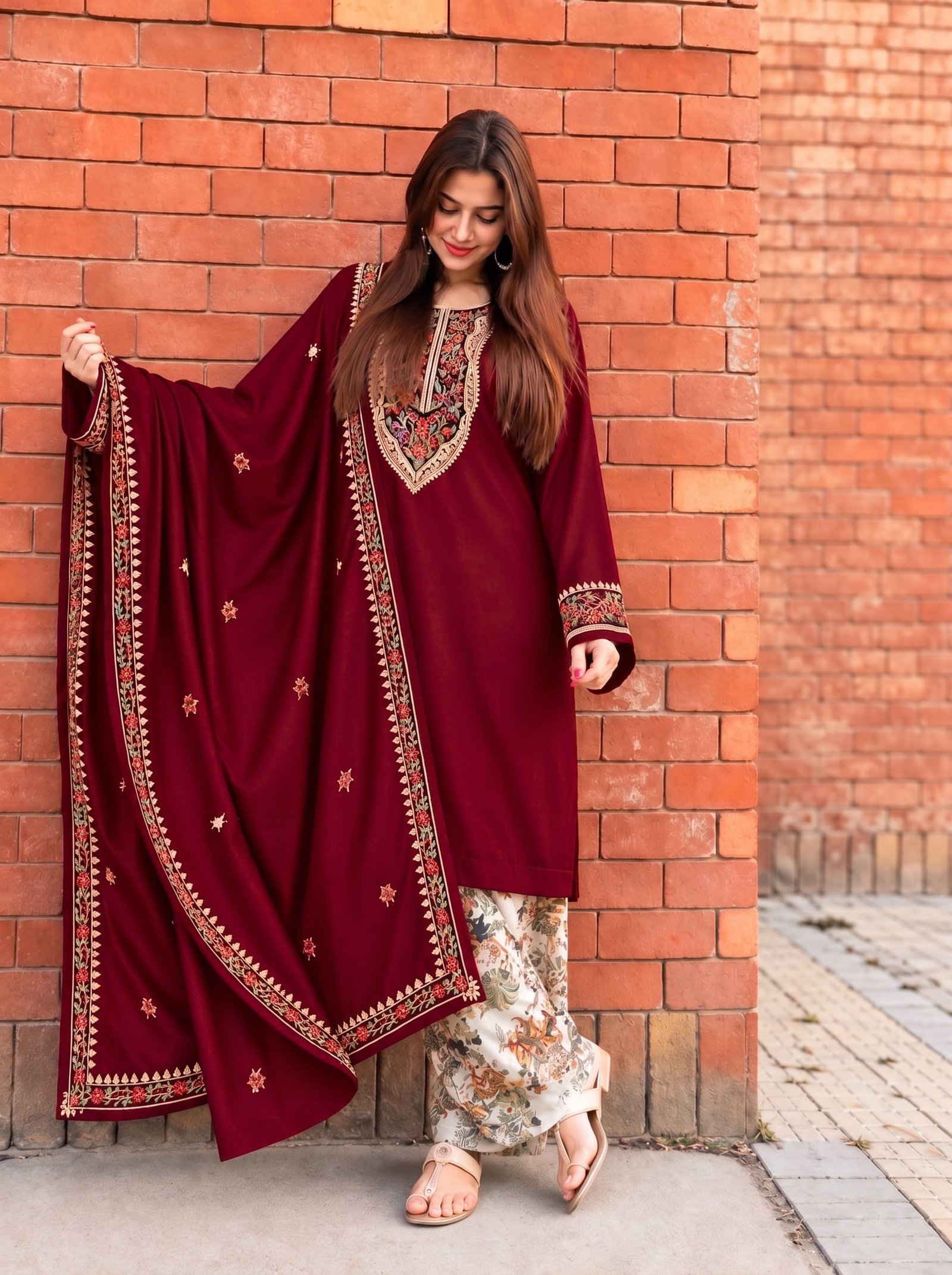 Maroon Red Winter Dhanak 3 Piece Embroidered Suit with Shawl & Printed Karandi Trouser