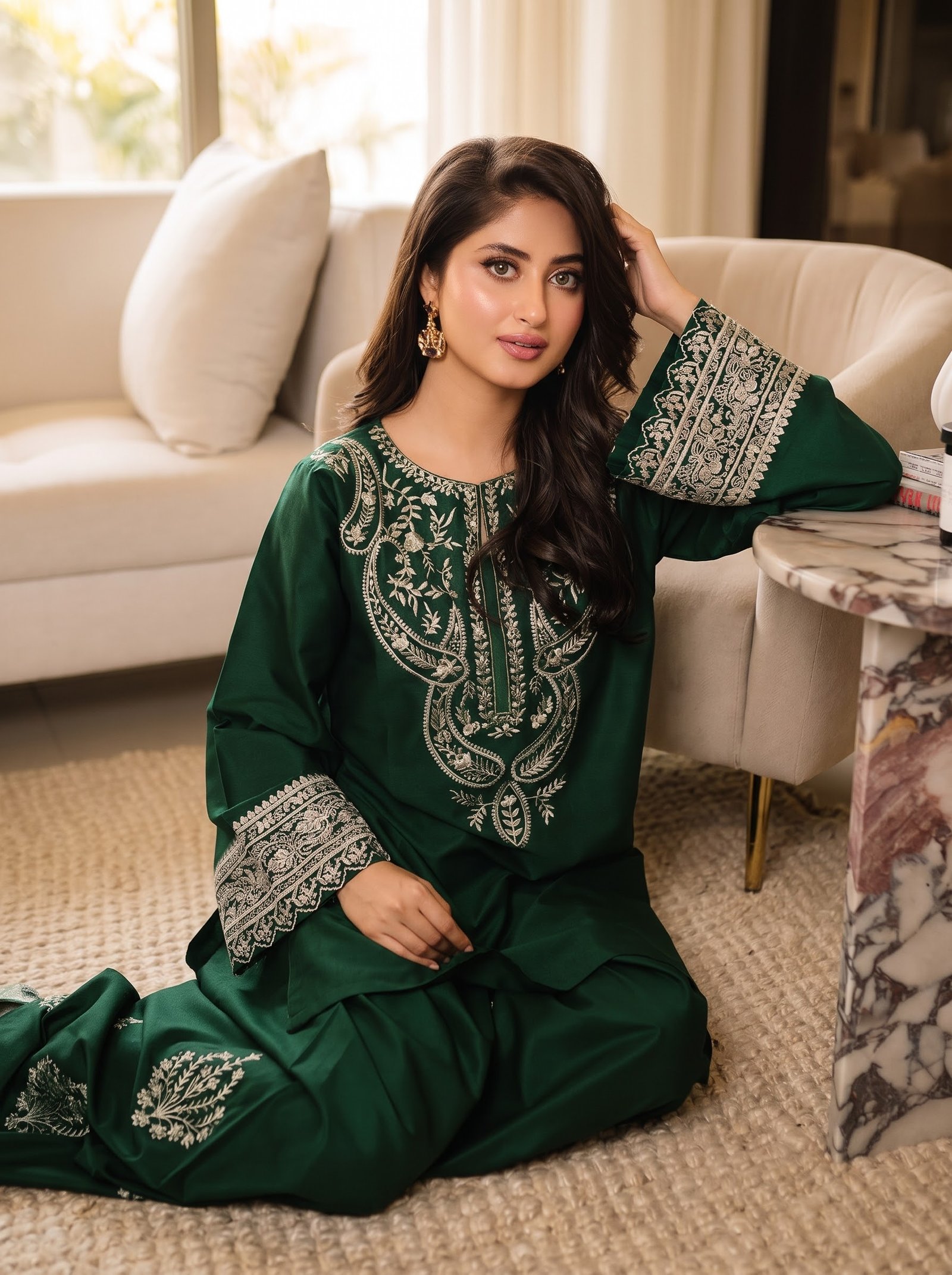 Elegant Emerald Embroidered Silk 2-Piece Unstitched Suit