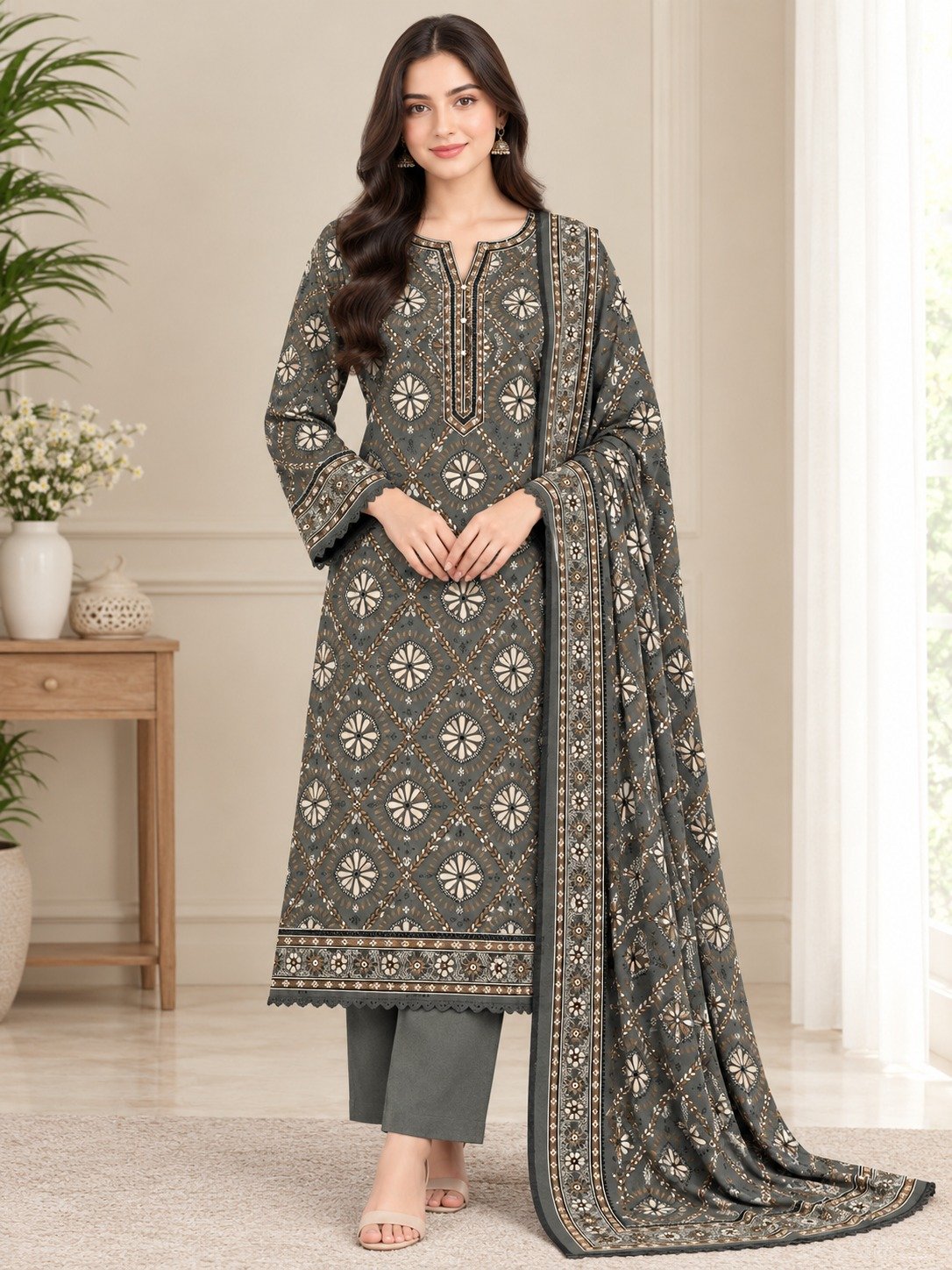 Grey Allure Linen 3 Piece Suit – Digital Printed Collection Bonanza