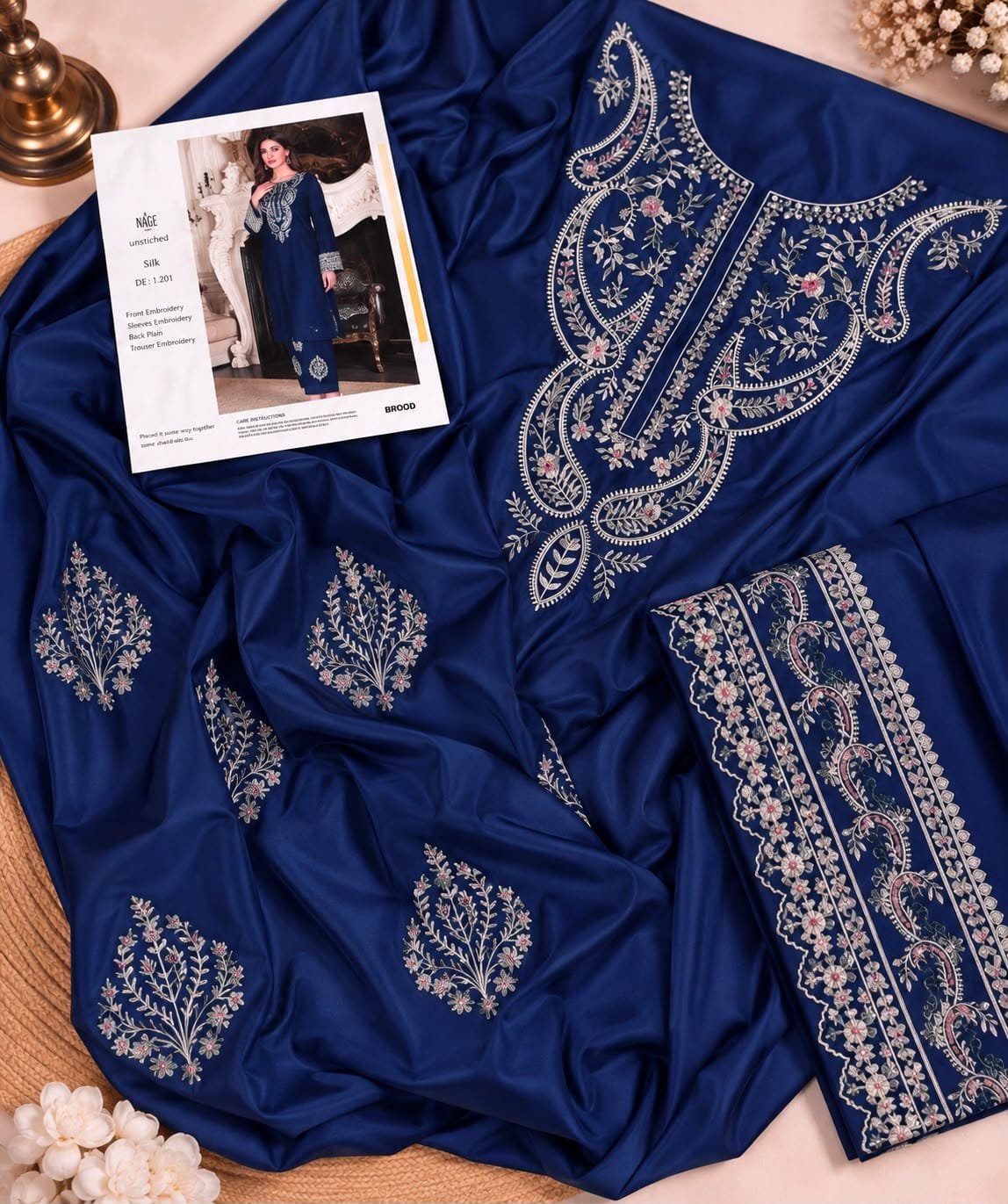 Imperial Blue Elegant Heavy Embroidered Silk 2-Piece Unstitched Suit Image 2