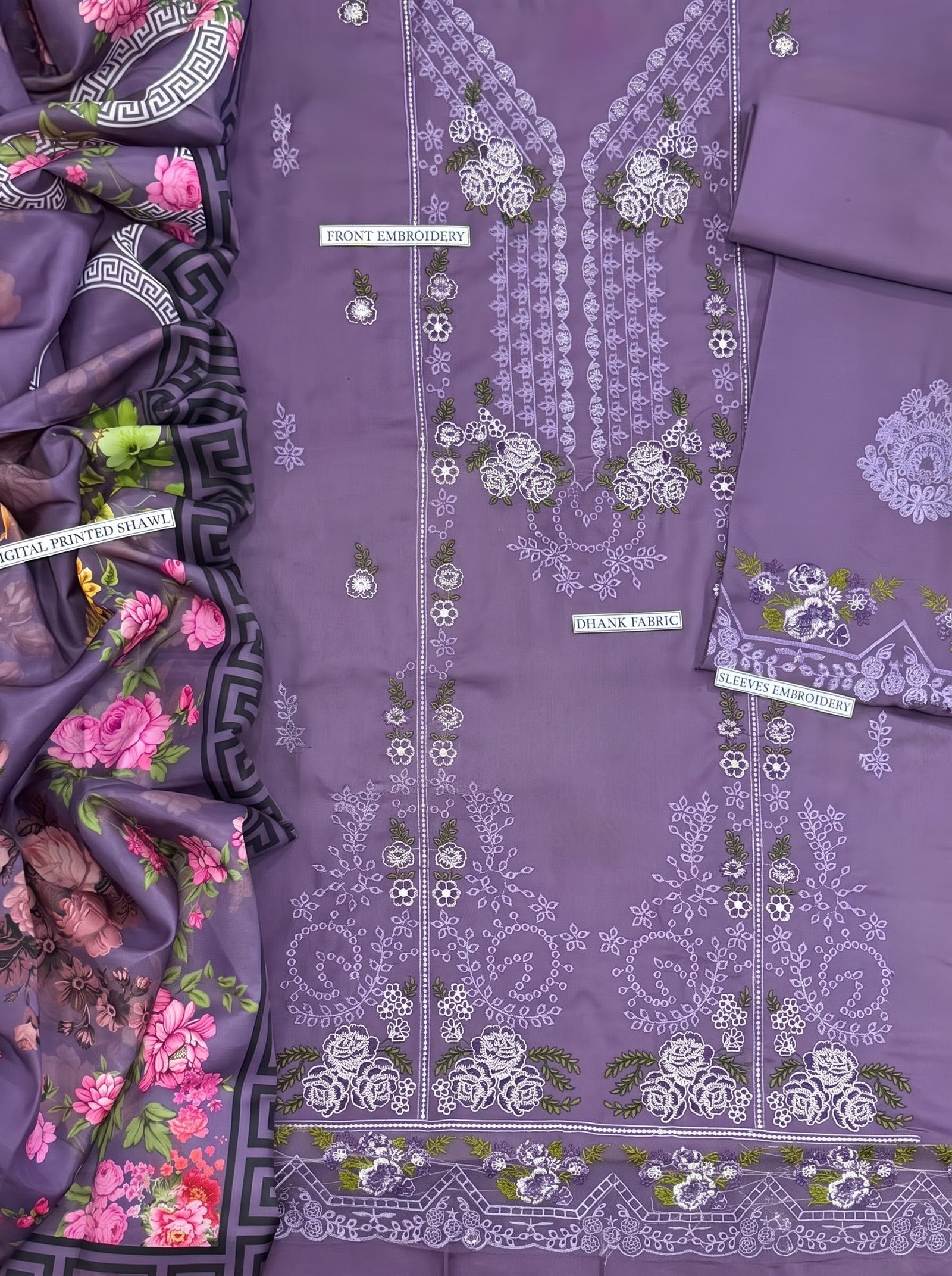 Soft Lilly Pure Dhanak 3-Piece Embroidered Dress with Pashmina Wool Shawl Image 3