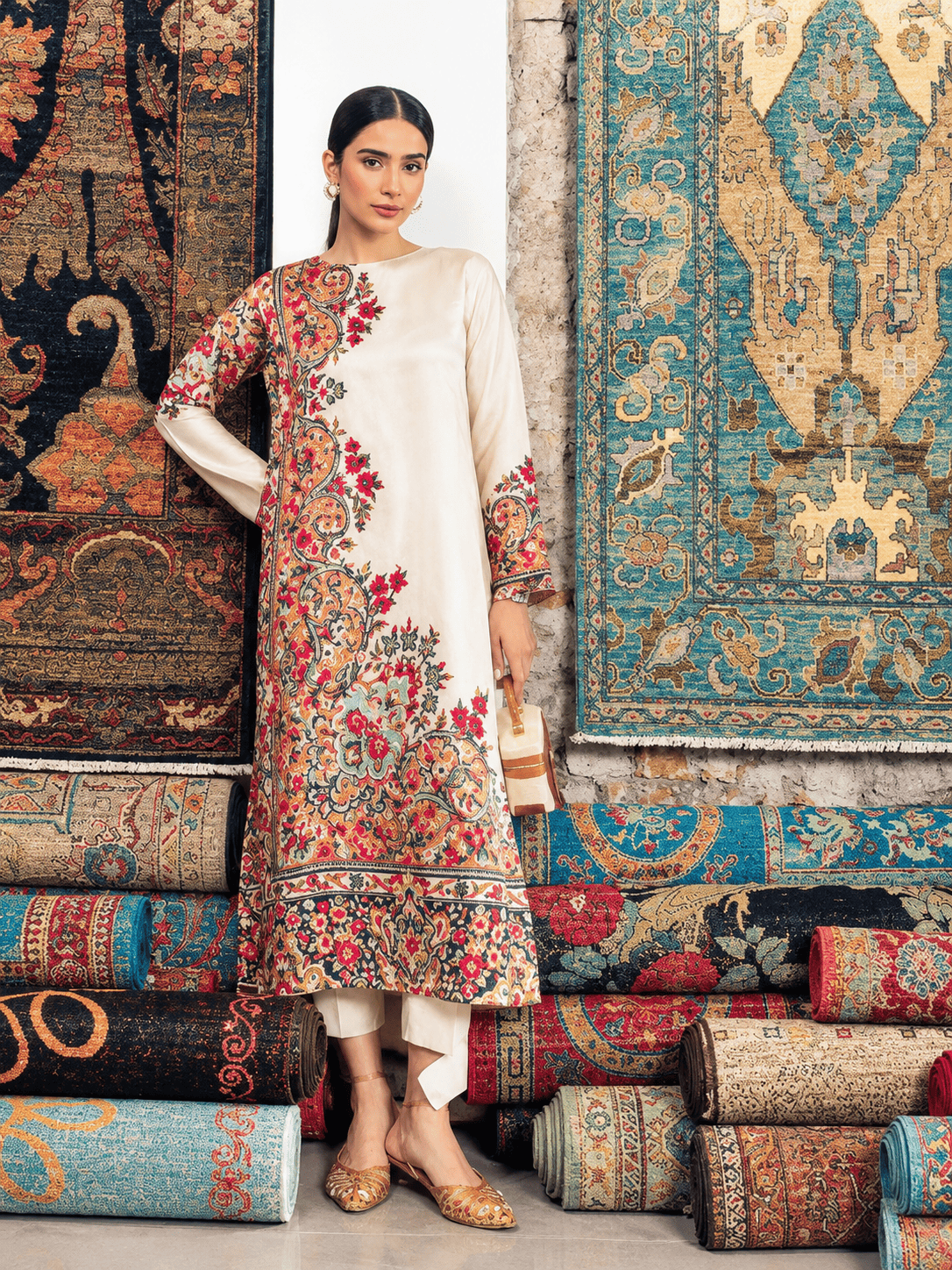 Ivory Digital Printed Silk 3 Piece Unstitched Suit 2026 | Premium Silk Collection